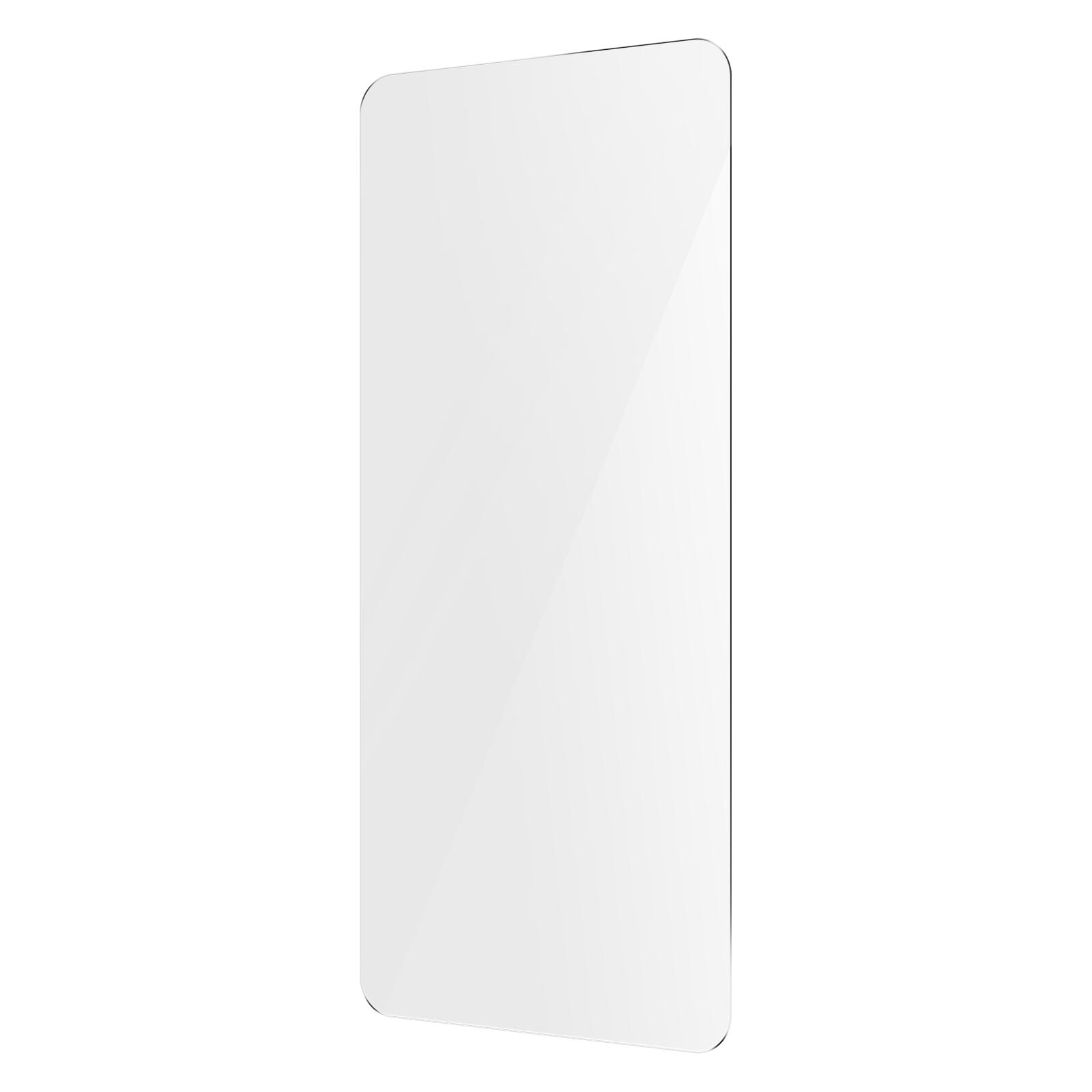 Una protezione per schermo trasparente per telefono su sfondo bianco. La protezione è rettangolare.