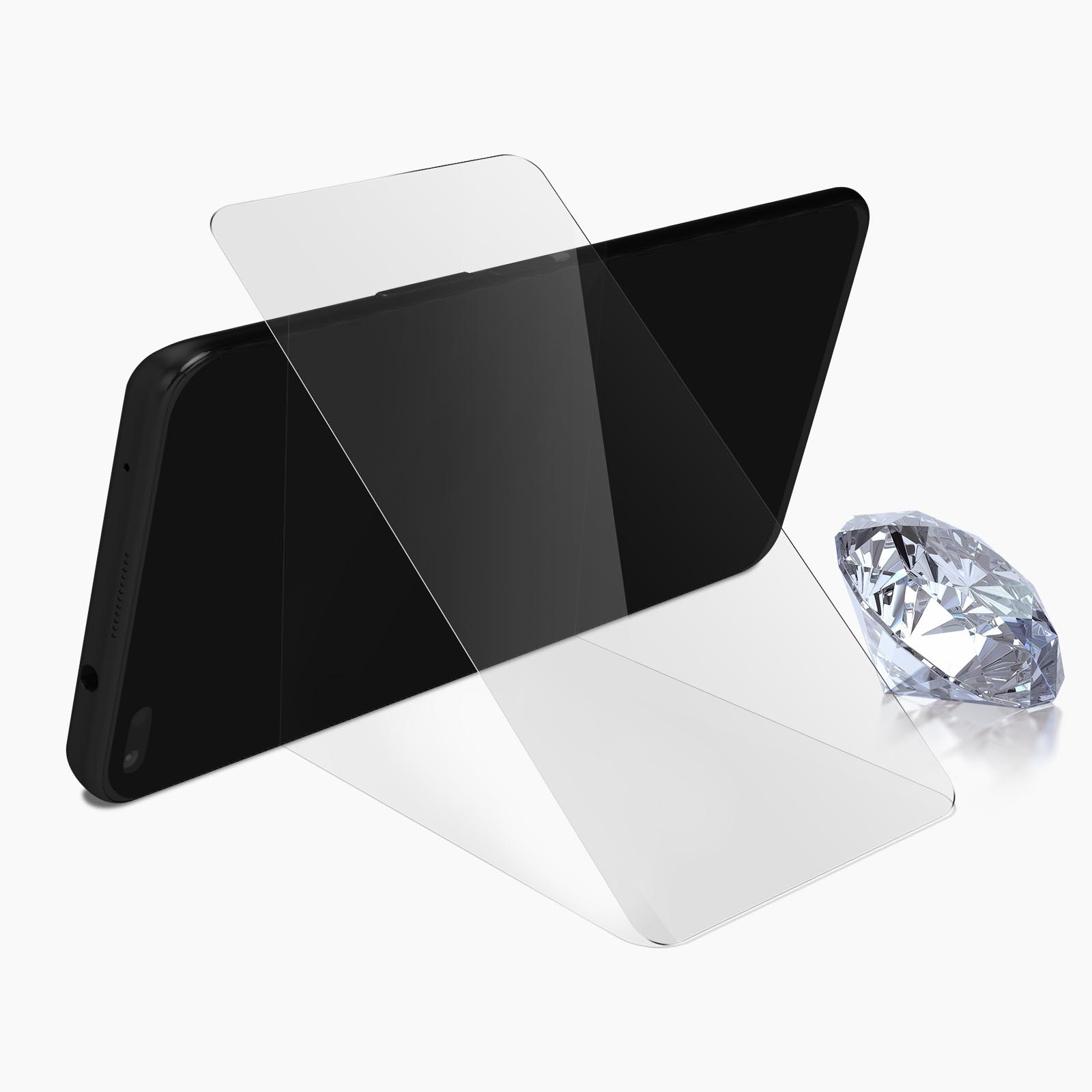 Uno smartphone nero con due protezioni per lo schermo e un diamante su sfondo bianco.