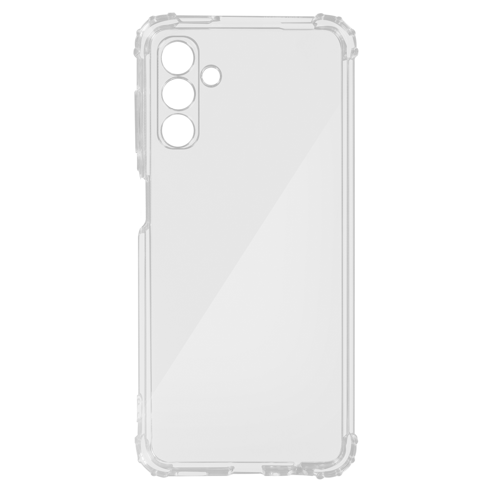 Custodia trasparente per telefono con cornice protettiva e fori per la fotocamera.