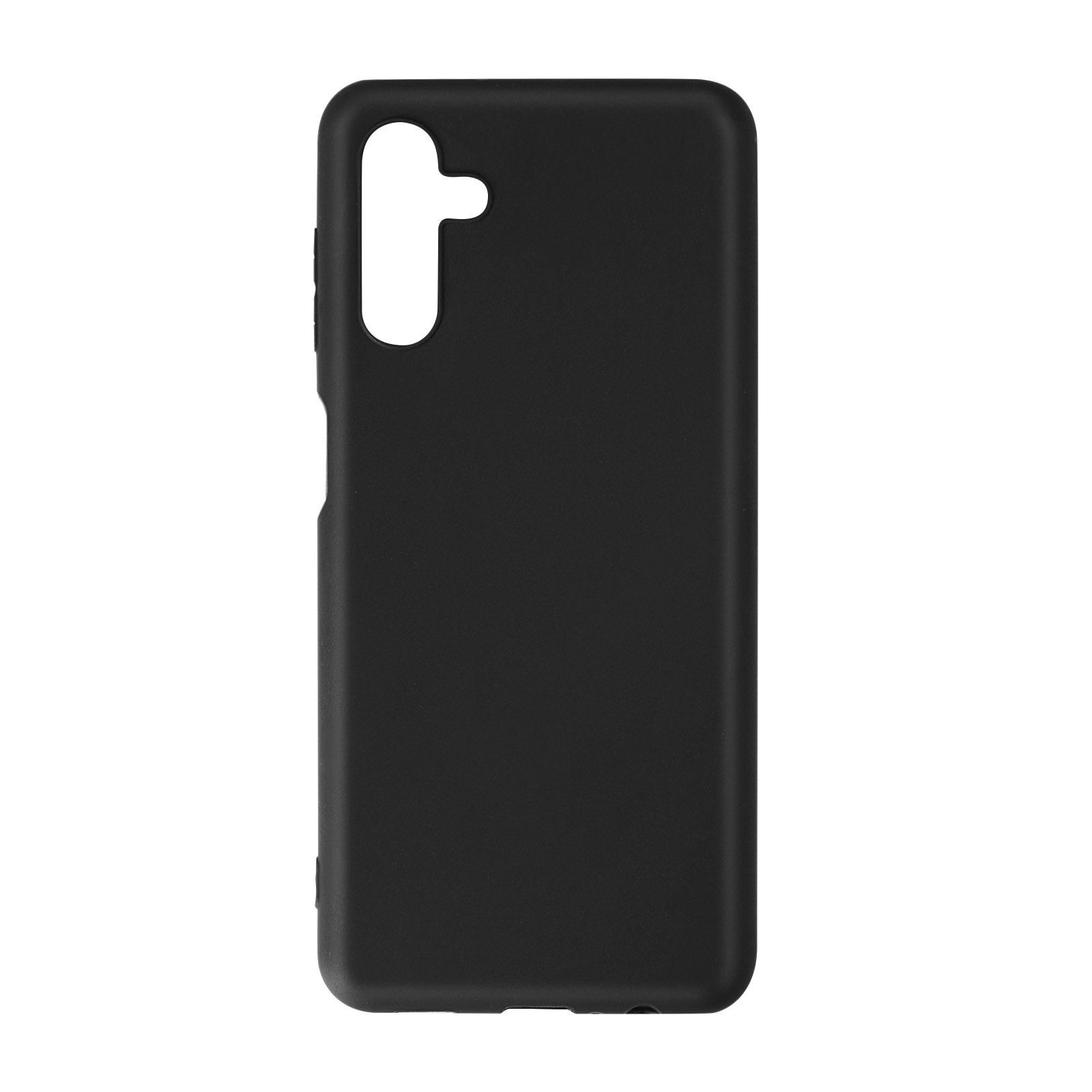 Een zwarte telefoonhoes, met een uitsparing voor de camera. Het is effen zwart en eenvoudig van ontwerp.