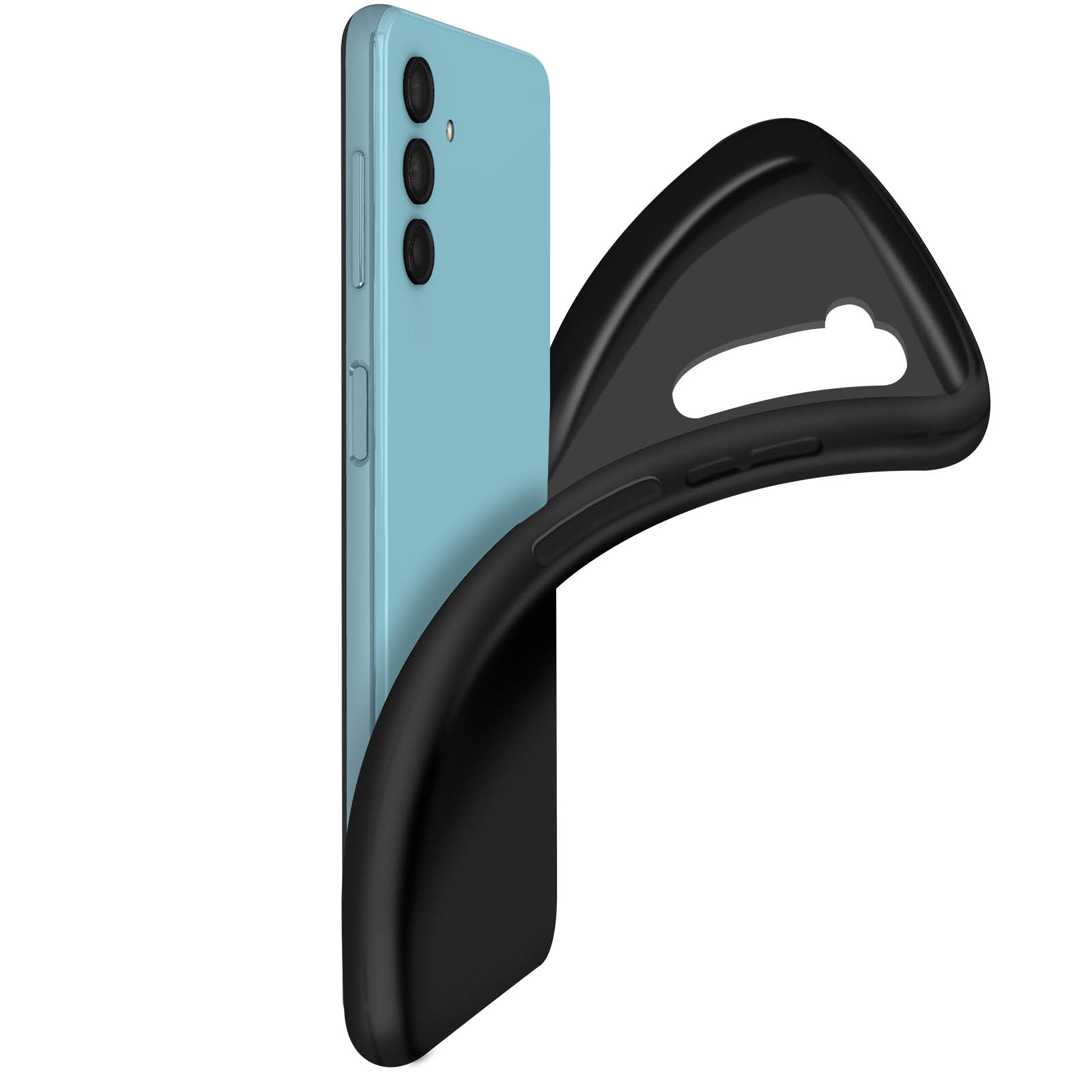 Blauwe telefoon in een zwart hoesje, het hoesje is gebogen.