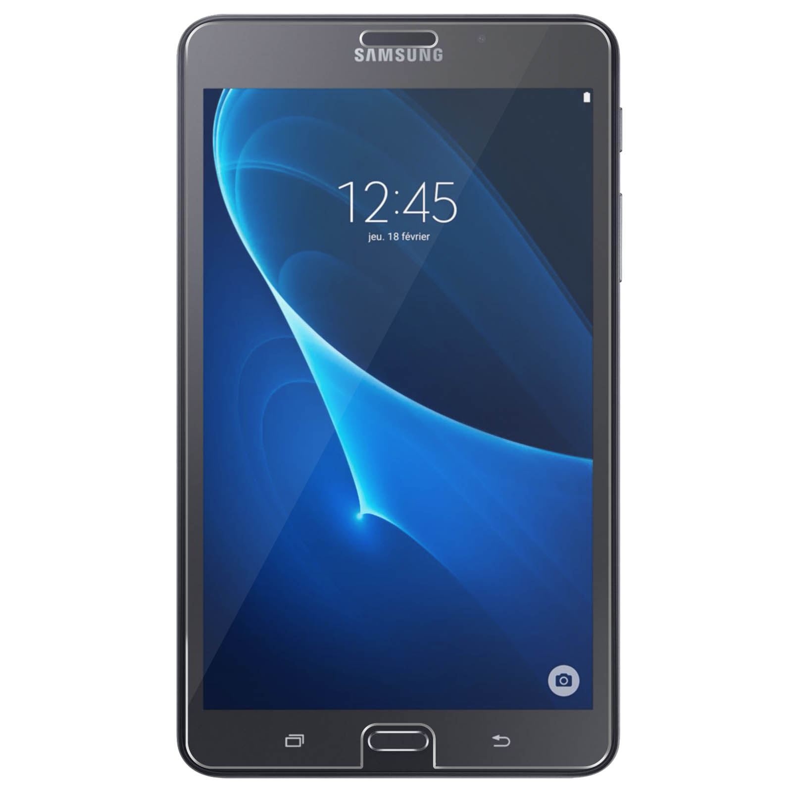 Un tablet Samsung con una grafica blu brillante e bianca sullo schermo, in una cornice grigio scuro.