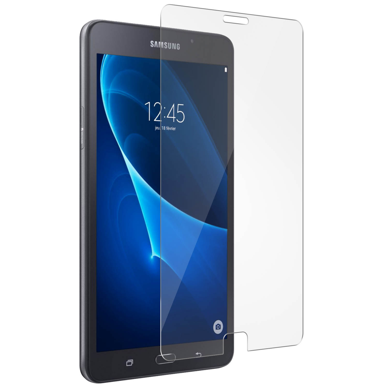 Un tablet con una protezione per lo schermo. Lo schermo mostra un'immagine blu.