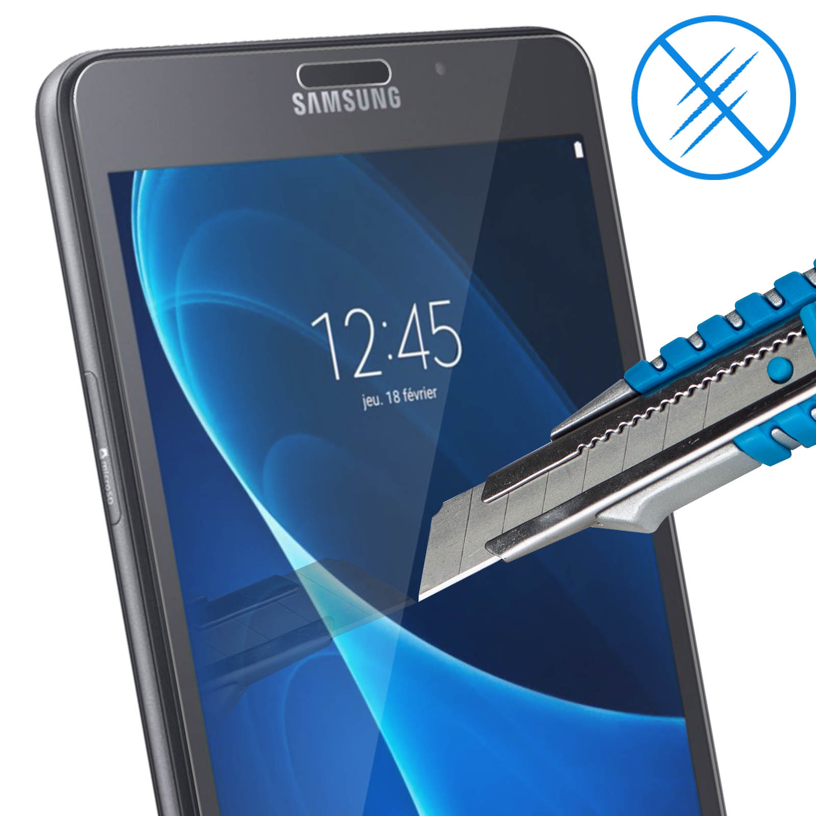 Schermo del tablet con un test di taglio. Viene mostrato un taglierino, il logo Samsung è visibile.