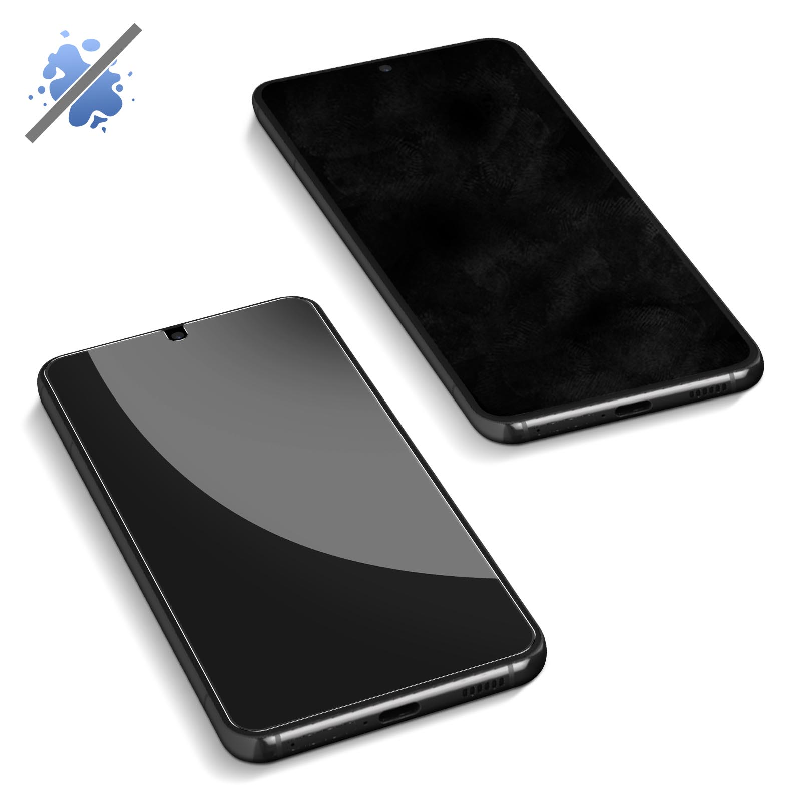 Zwei schwarze Telefone, eines mit Displayschutz, mit einem Wassertropfen-Symbol, das Wasserbeständigkeit anzeigt.