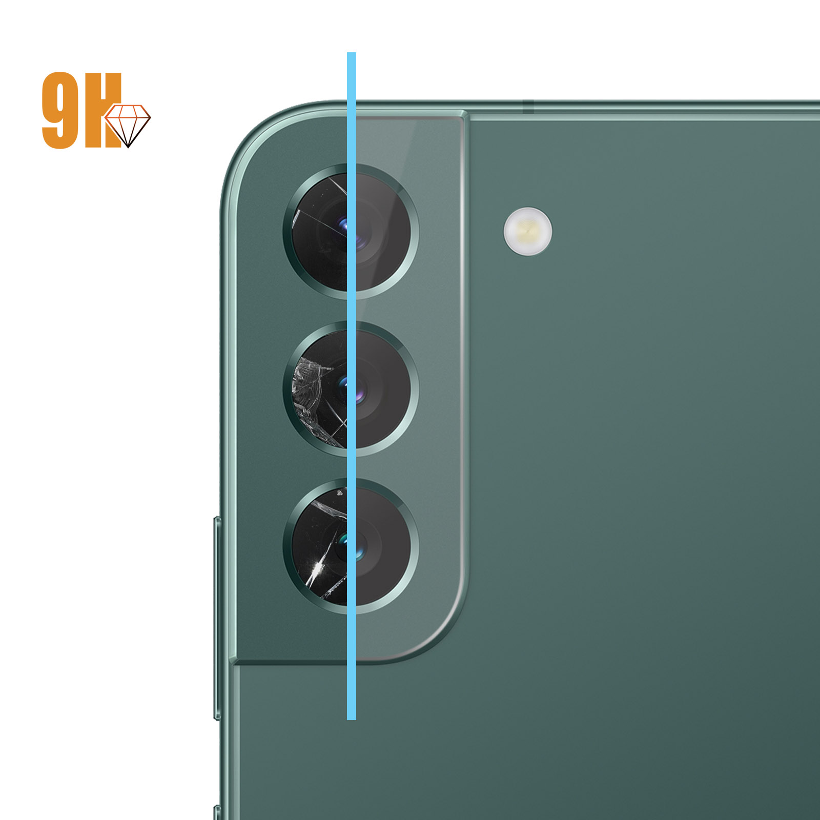 Un telefono con retro verde. È applicata una protezione per l'obiettivo della fotocamera, incrinata.