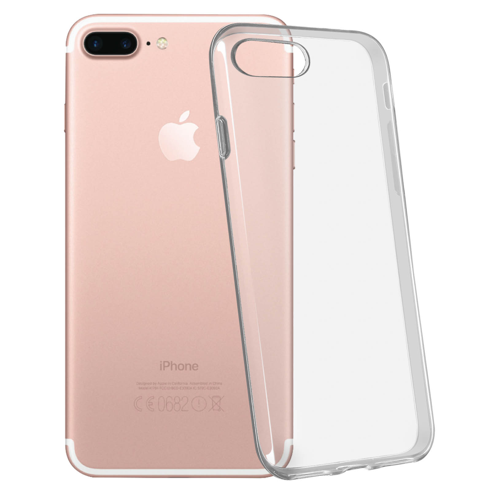 Un iPhone oro rosa accanto a una custodia trasparente su sfondo bianco.