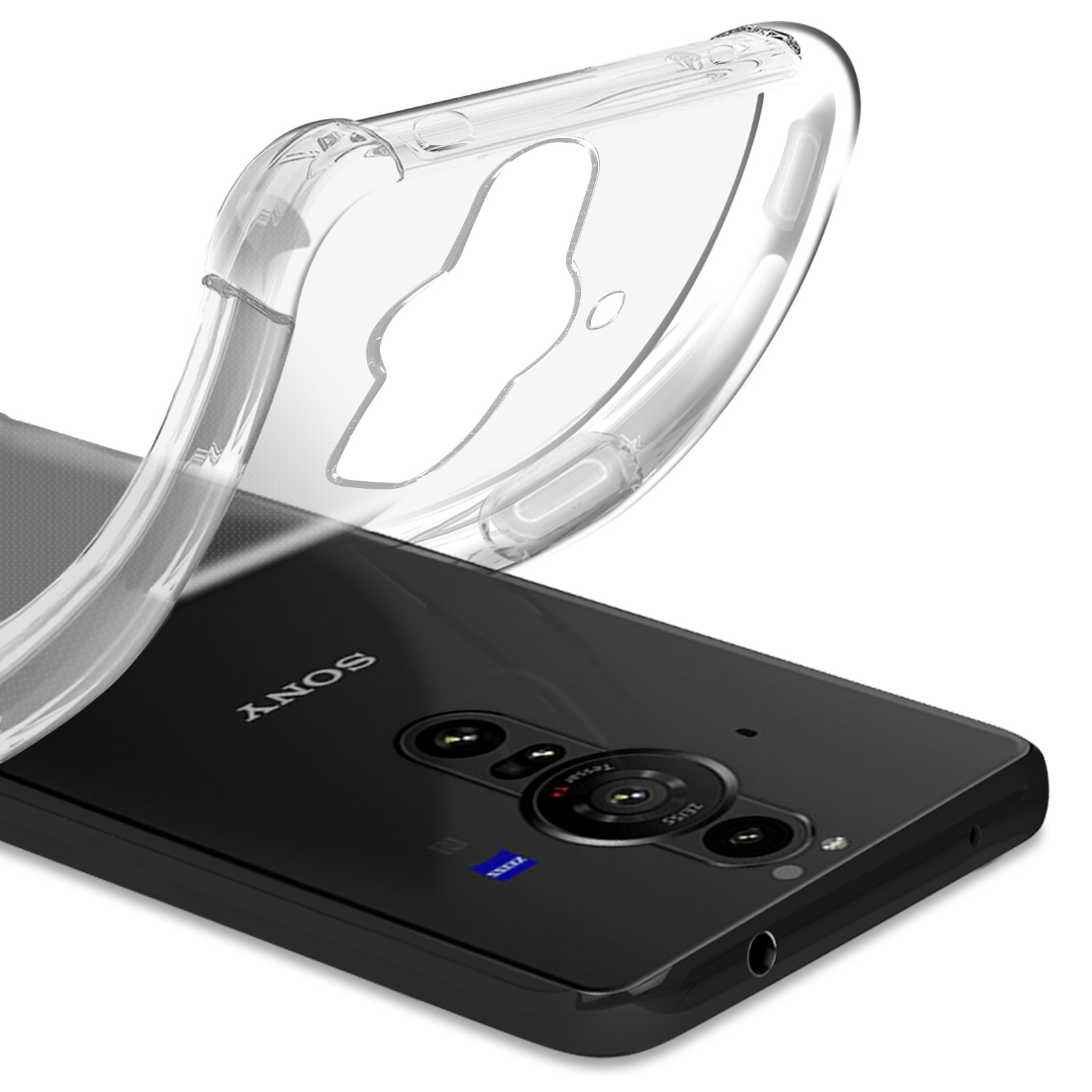 Custodia trasparente per telefono su un telefono nero. Lo sfondo è bianco.