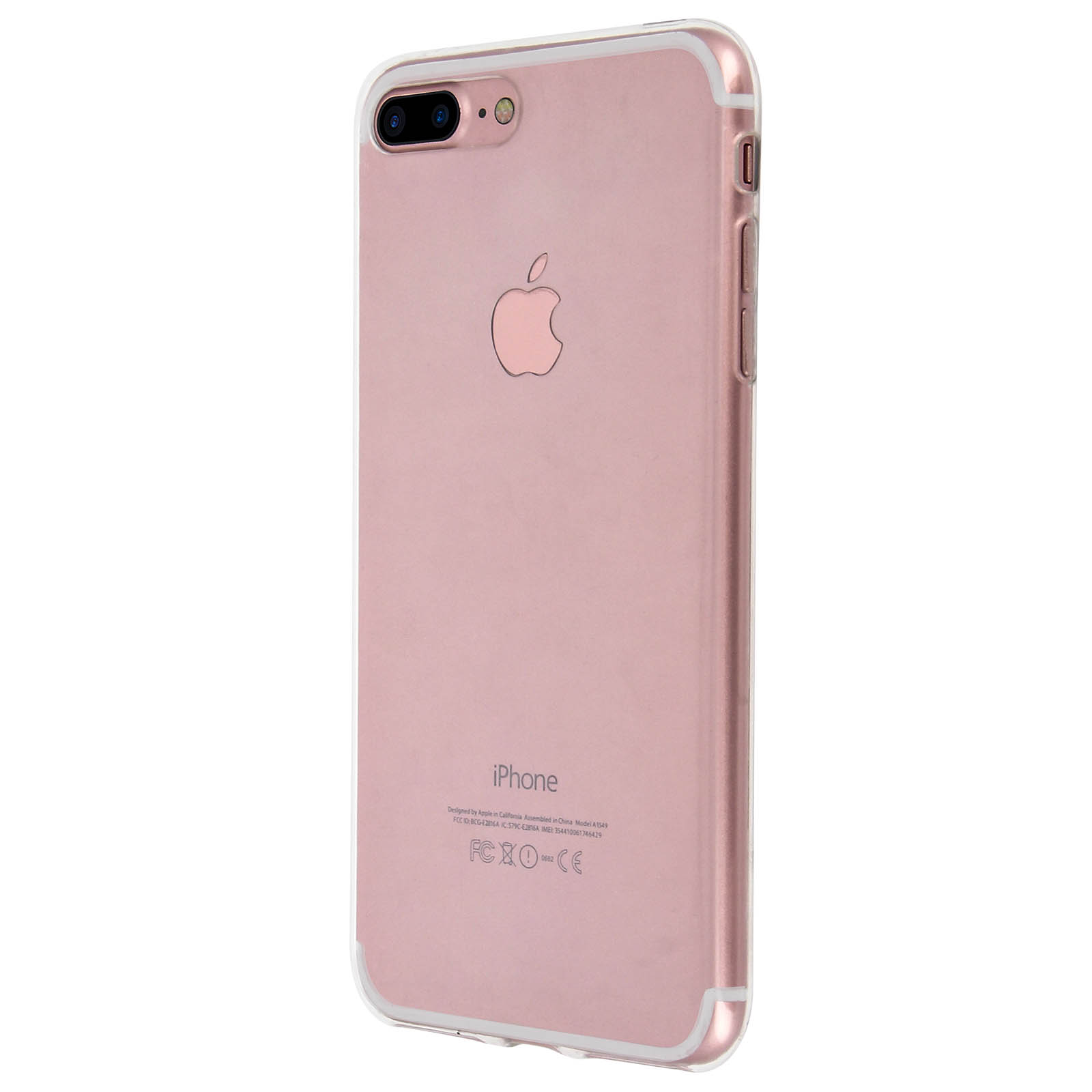 iPhone oro rosa in una custodia trasparente. Il telefono è su una superficie bianca.