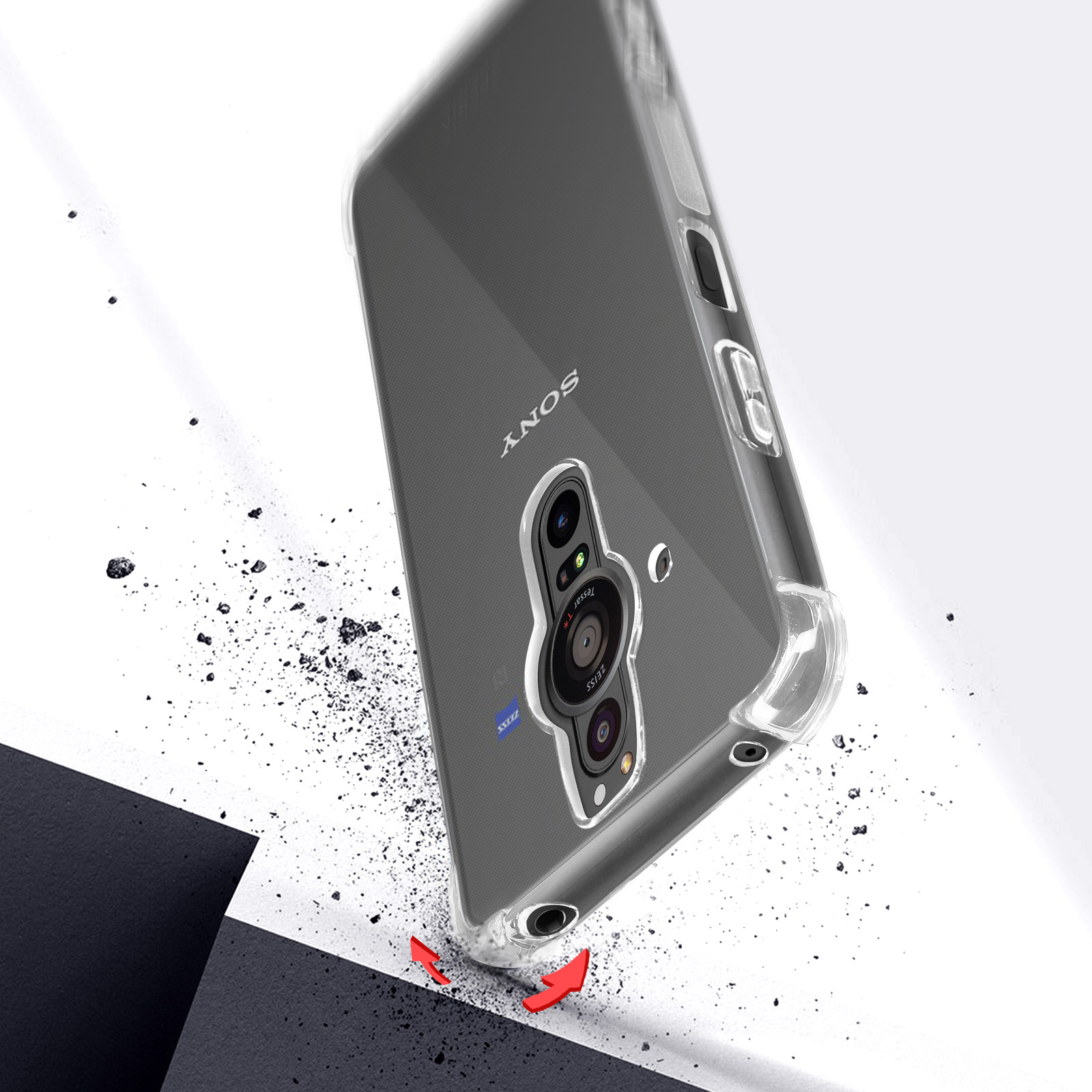 Custodia trasparente che cade su una superficie, con un telefono Sony all'interno.