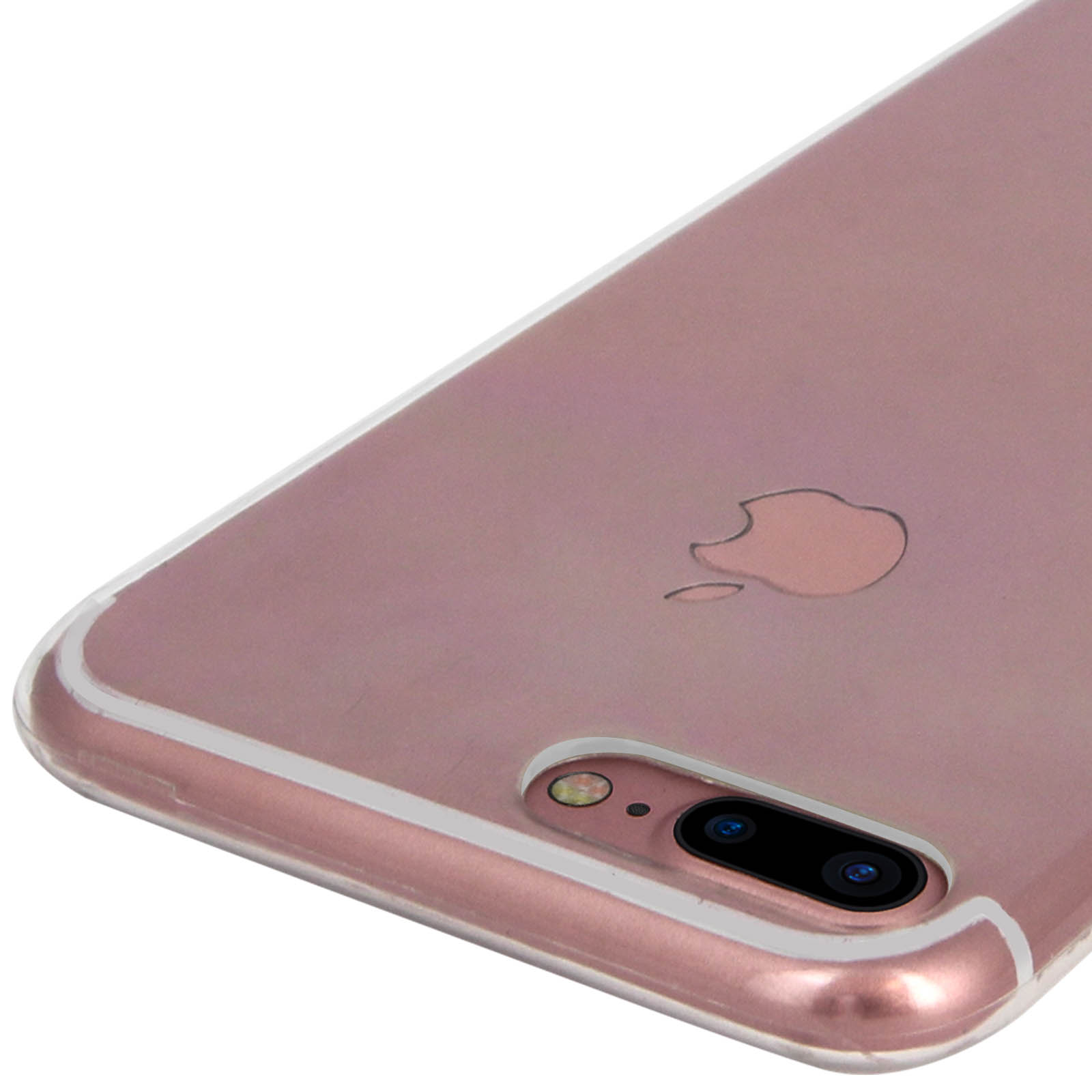 Un telefono con custodia trasparente. Il telefono è oro rosa, mostra retro e lenti della fotocamera.