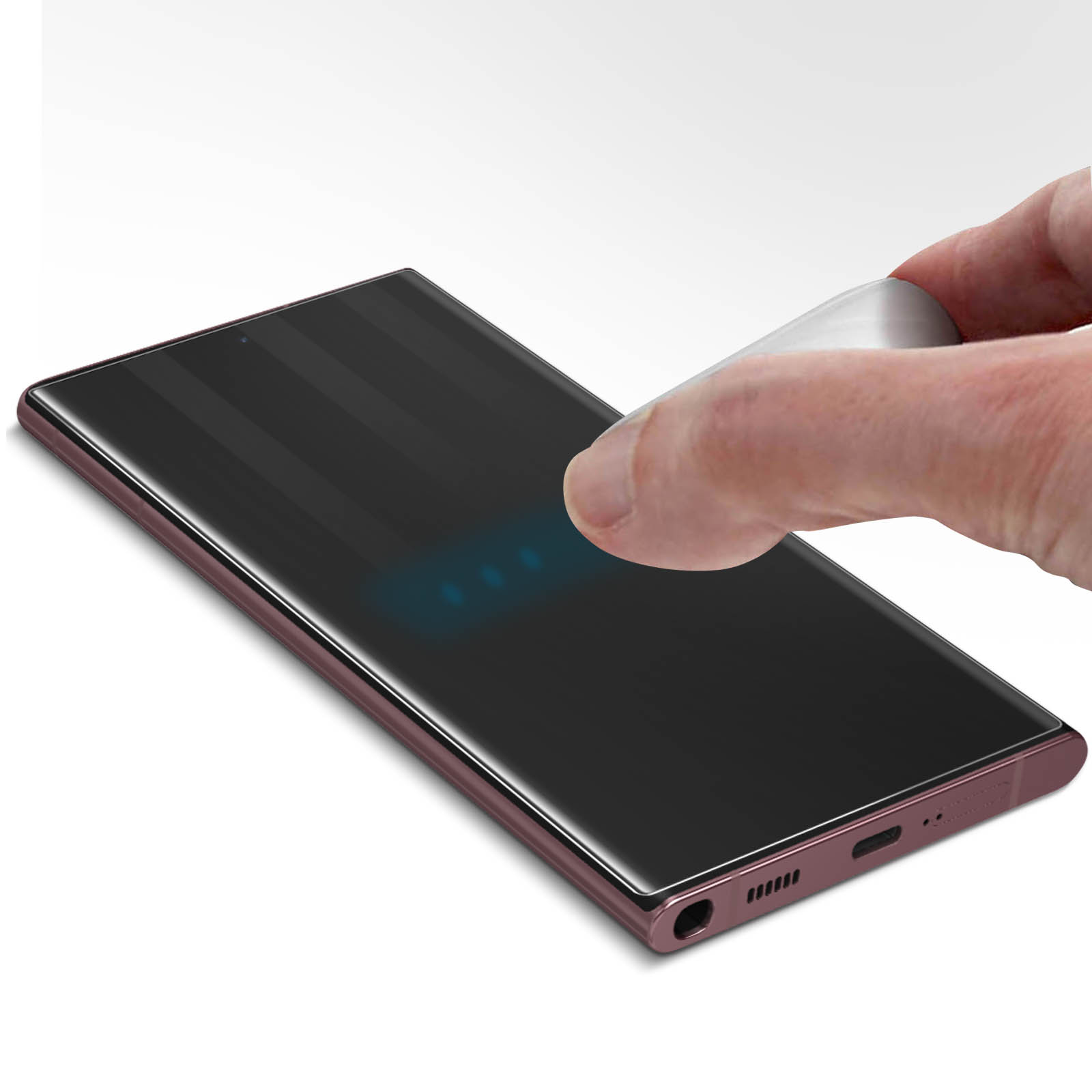 Mano che preme sullo schermo di uno smartphone. Lo schermo mostra luci blu.