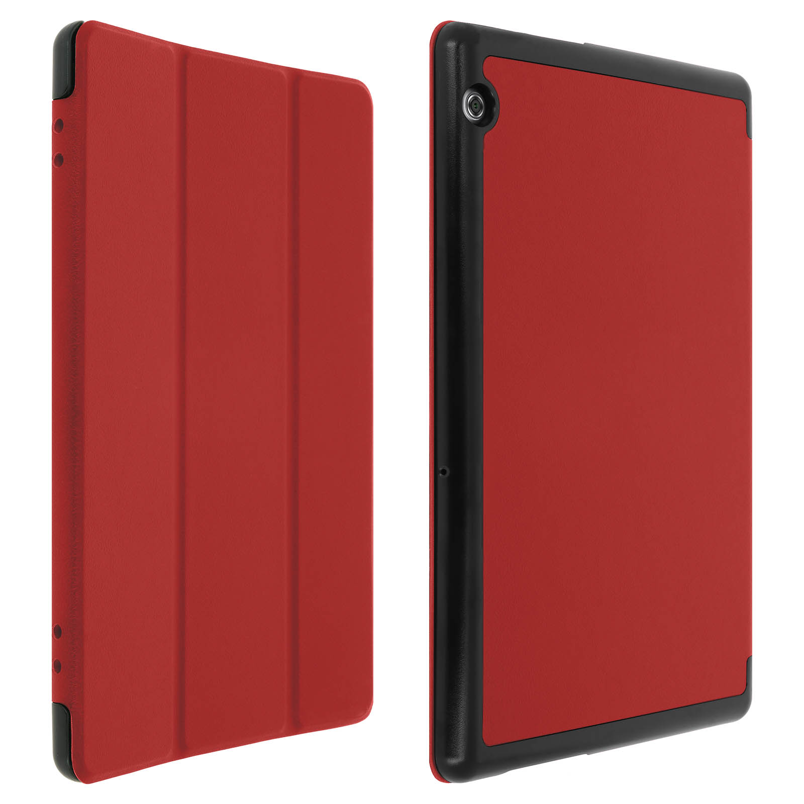 Custodia rossa per tablet. Chiusa a sinistra e aperta a destra. Ha un bordo nero.