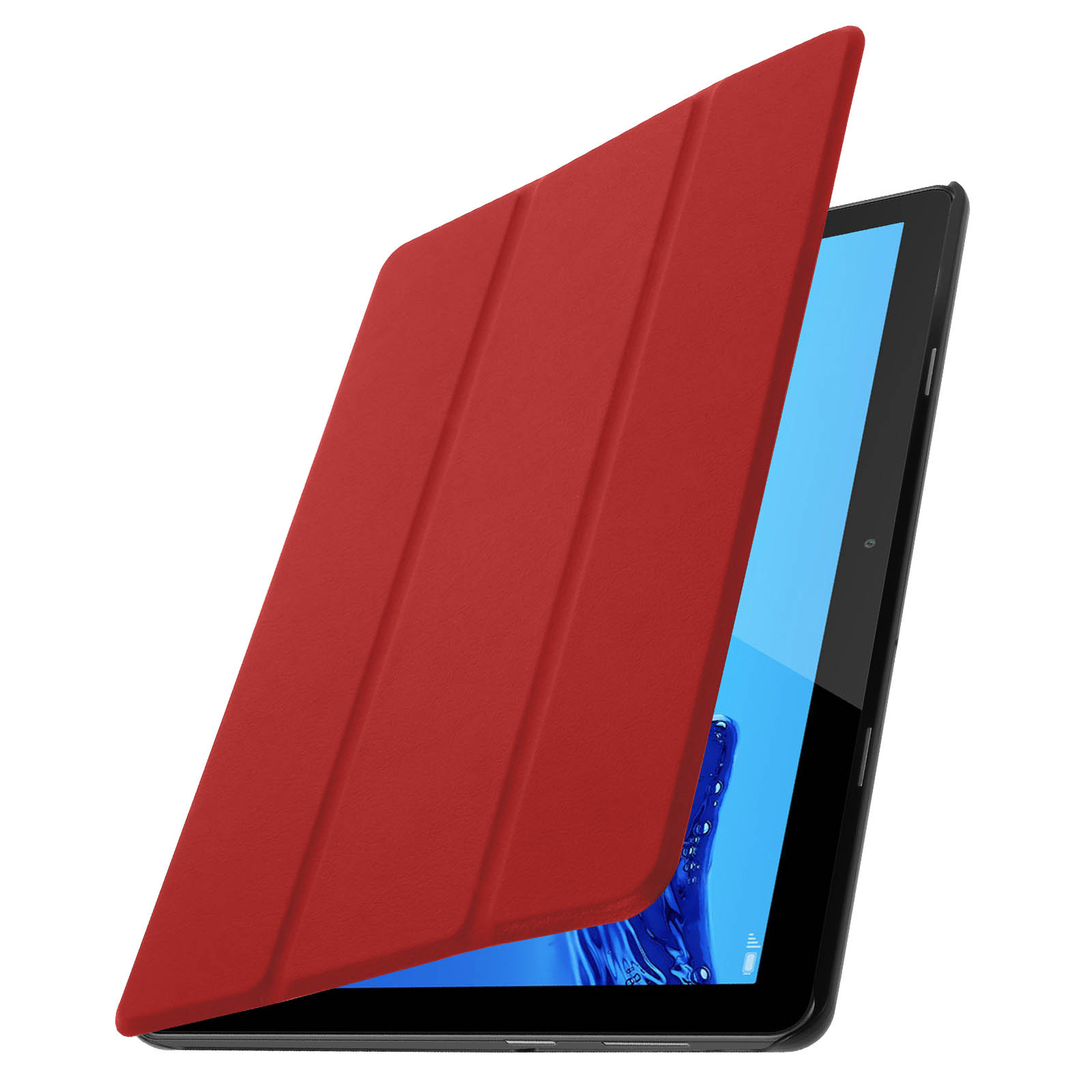 Copertura rossa del tablet parzialmente aperta, rivela uno schermo blu, su sfondo bianco.