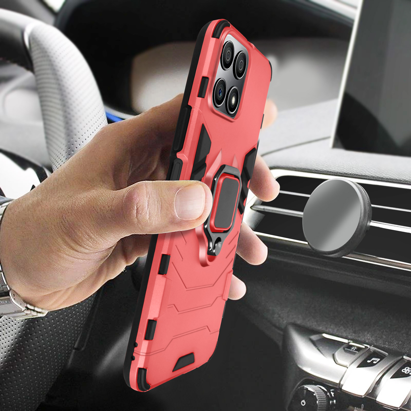 Una custodia rossa per telefono in auto, con un supporto magnetico per auto.
