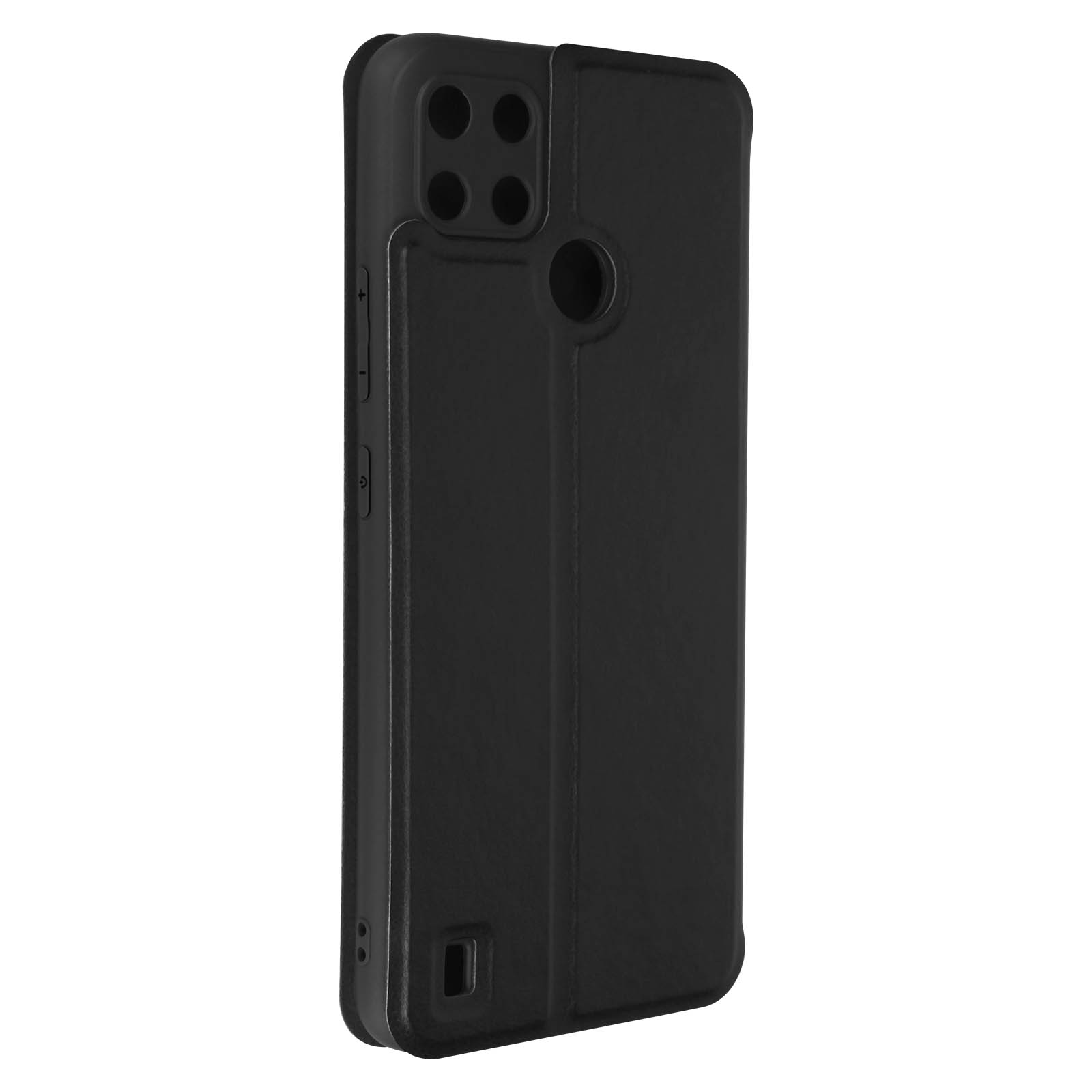 Custodia nera per telefono con fori per la fotocamera. Lo sfondo è bianco.