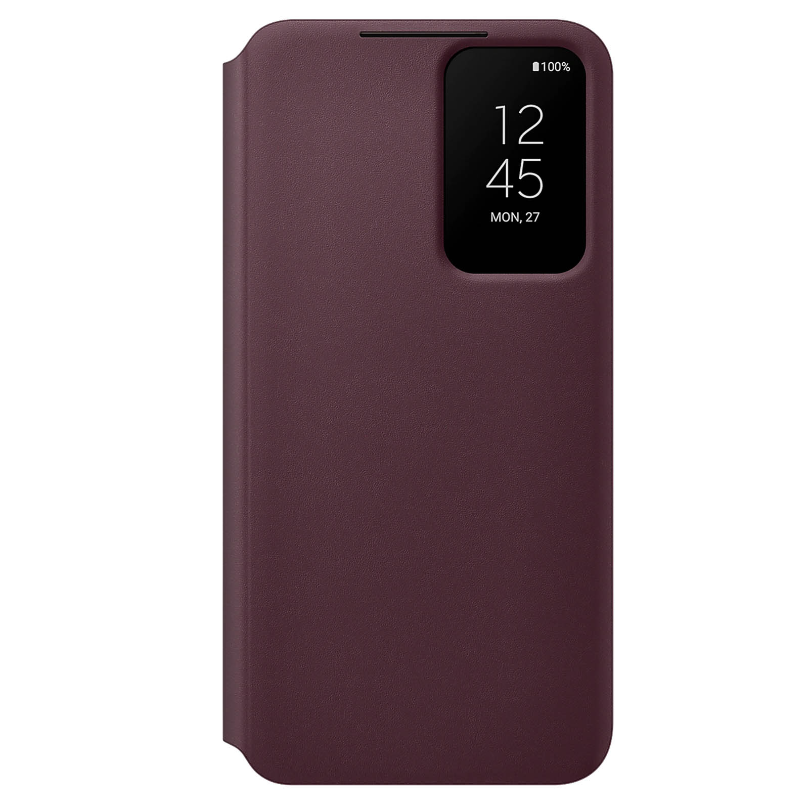 Una custodia per telefono bordeaux chiusa con un display che mostra l'ora e la percentuale della batteria.