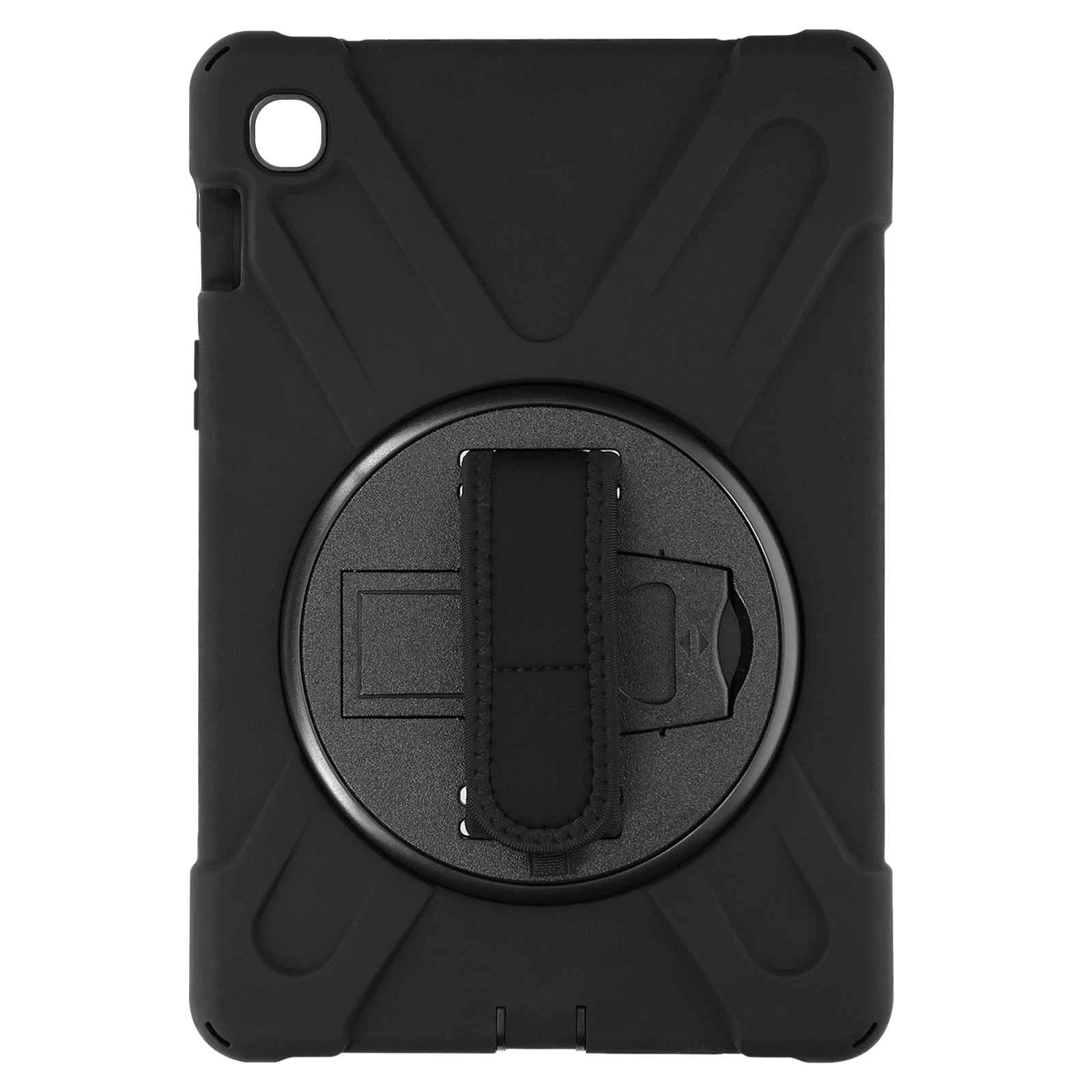 Schwarze Tablet-Hülle mit Handschlaufe und Schutzdesign.