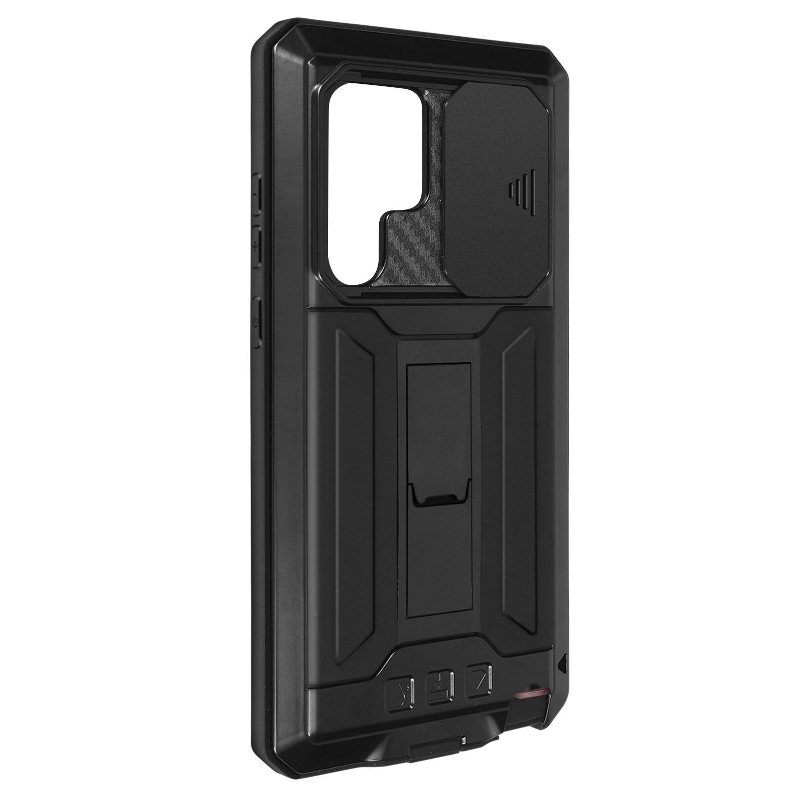 Una funda negra para teléfono con cubierta de cámara y soporte. La funda es negra.