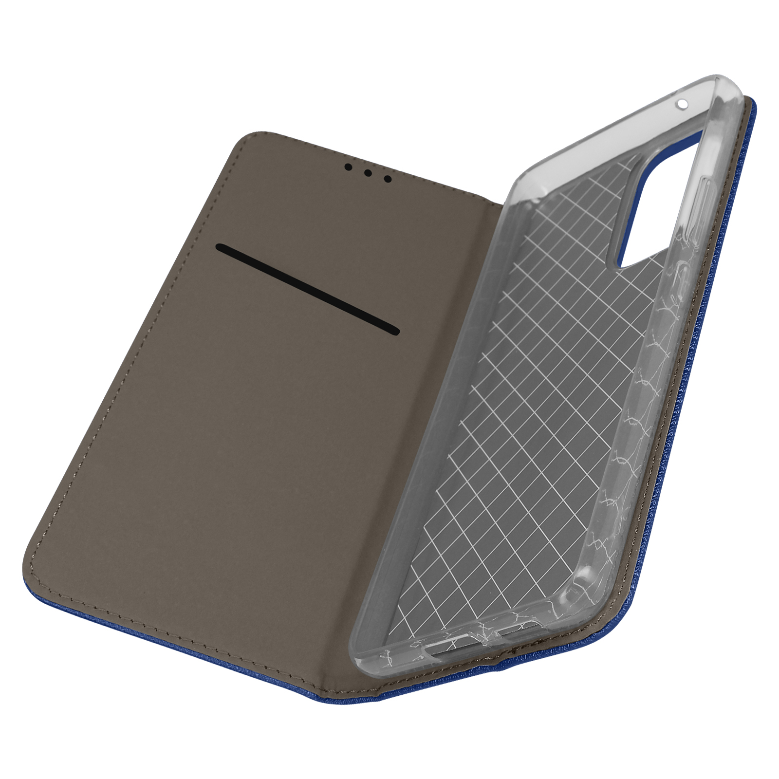 Un étui de téléphone en position ouverte. L'étui est bleu et possède un intérieur gris clair et un support de téléphone transparent.