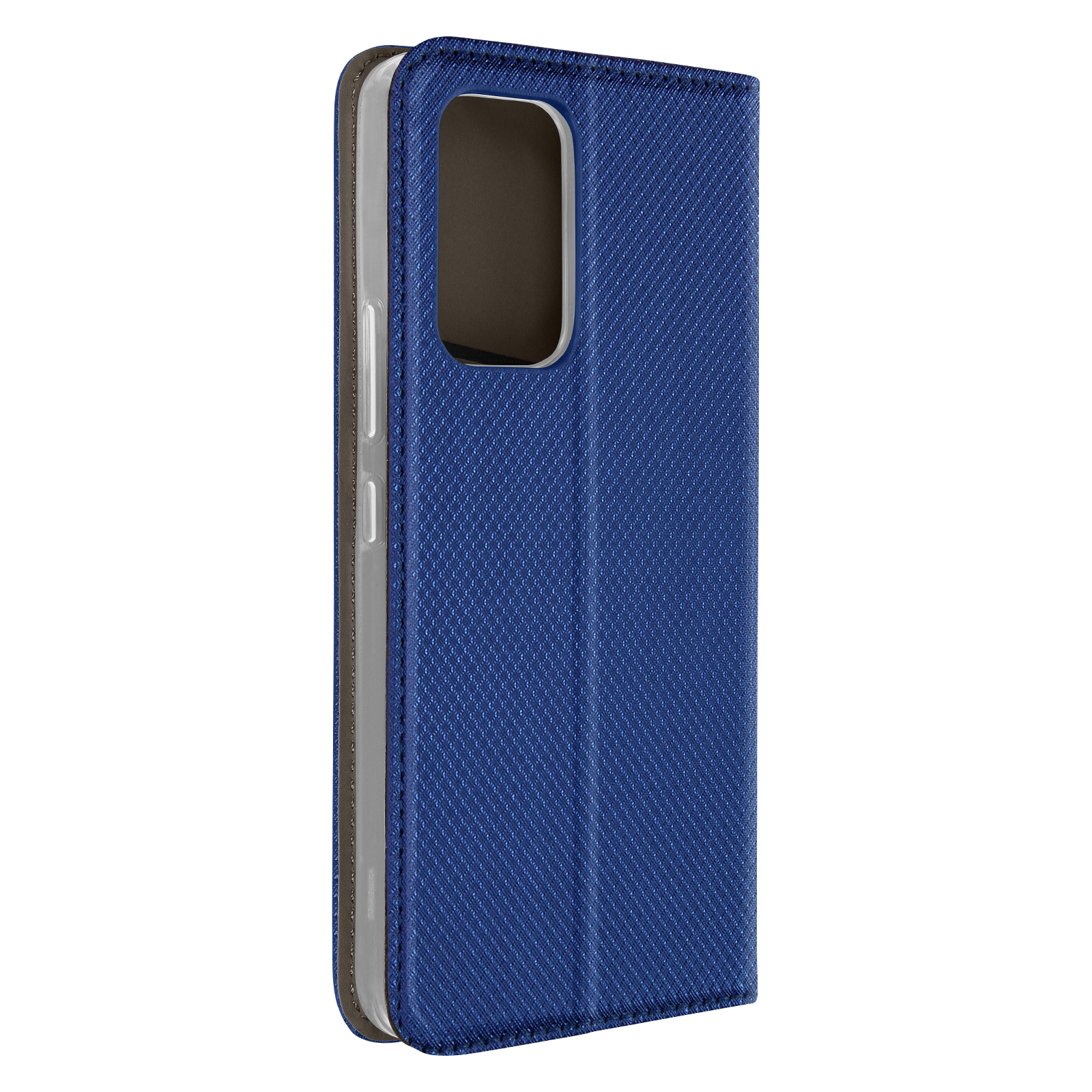 Coque de téléphone bleue avec un motif texturé, ouverte pour révéler le téléphone. Dispose d'une fermeture magnétique.