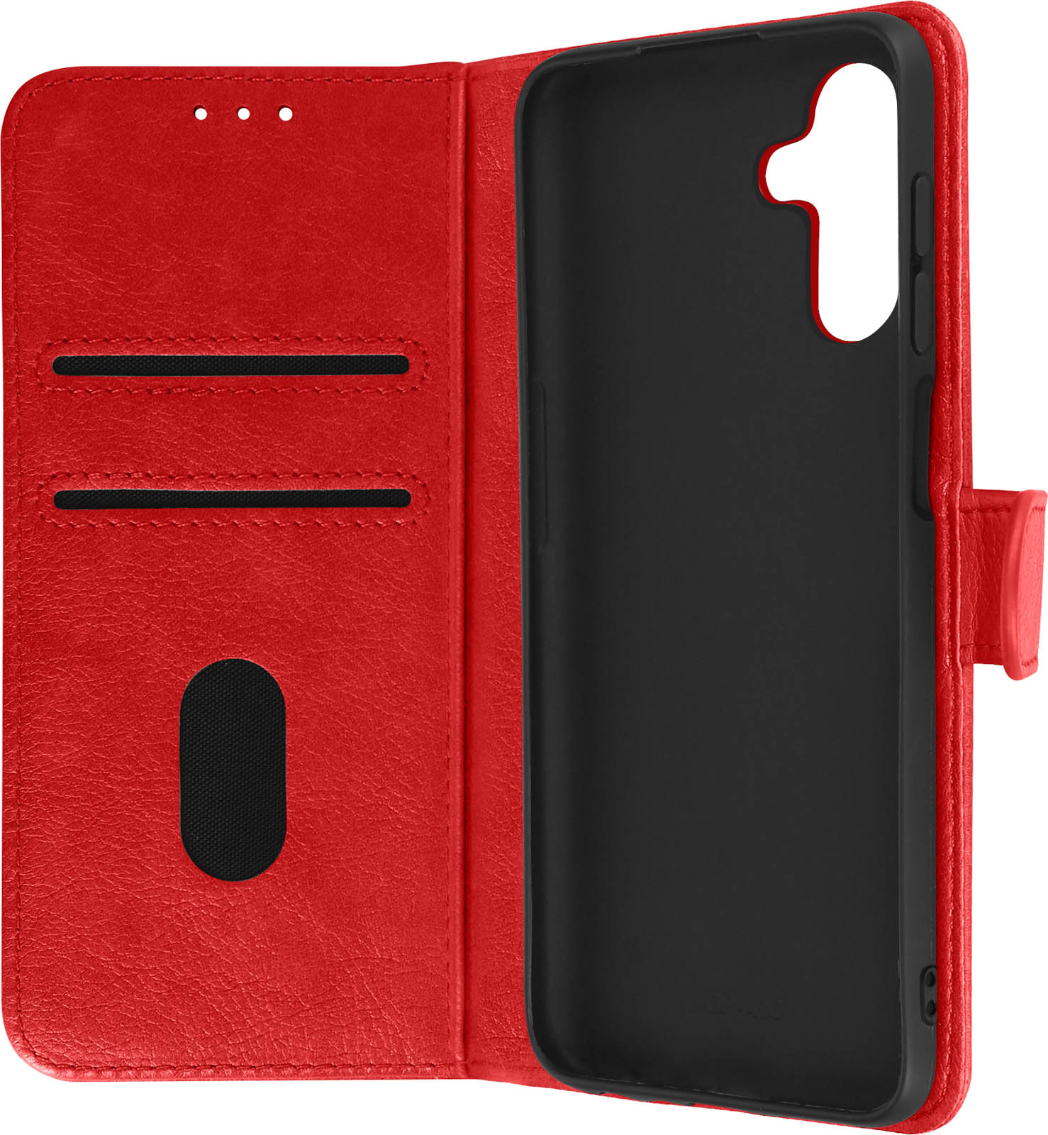 Étui de téléphone rouge ouvert avec intérieur noir, fentes pour cartes visibles.