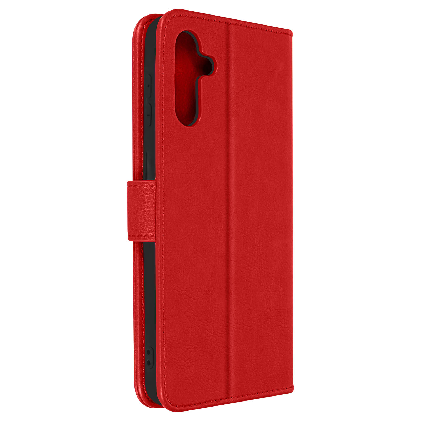 Une coque de téléphone rouge, fermée. Sur fond blanc. De style portefeuille.