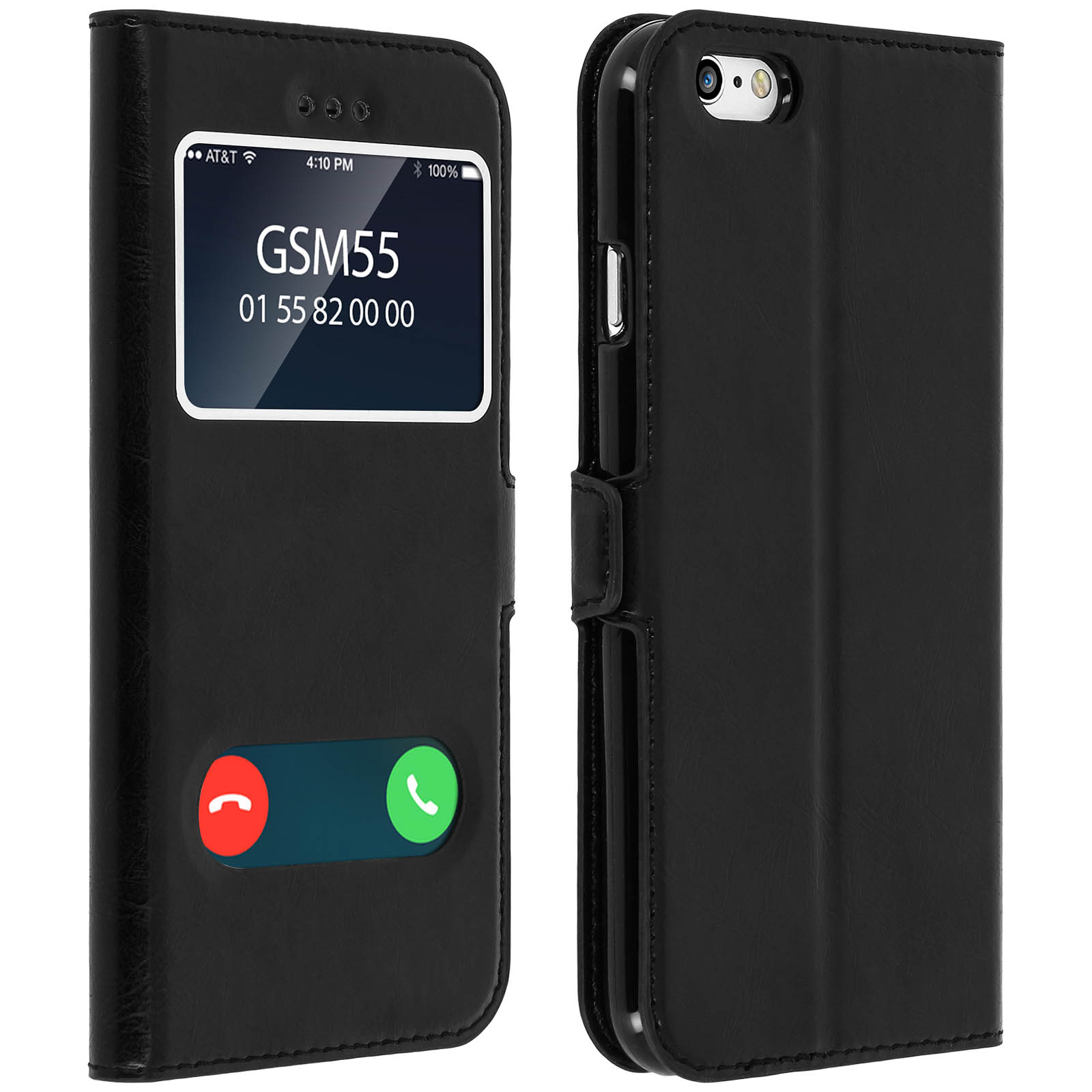 Custodia nera per telefono con schermo che mostra una chiamata. Tasti di chiamata: verde e rosso. Modello: GSM55.