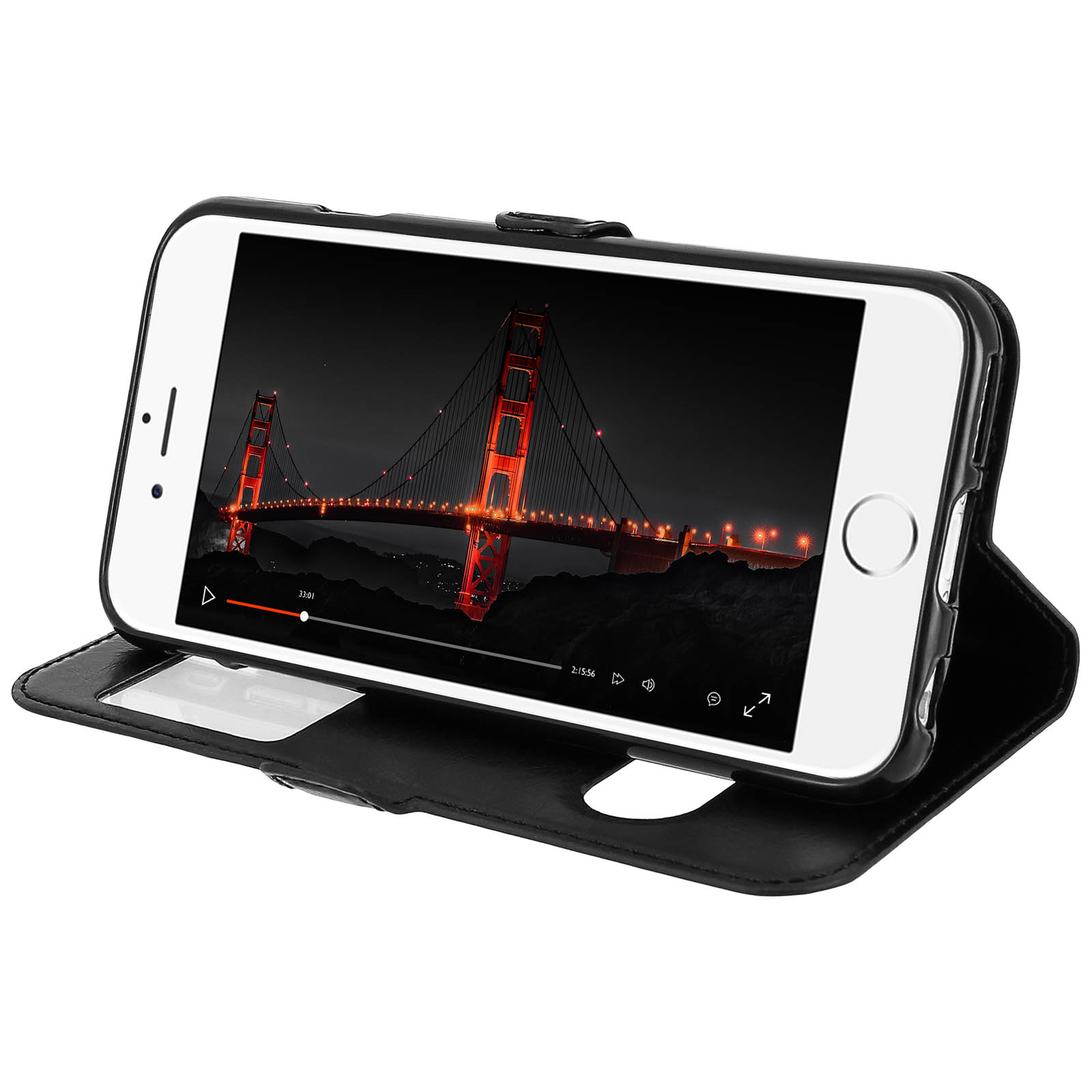 Un telefono in una custodia nera mostra un video del Golden Gate Bridge di notte.