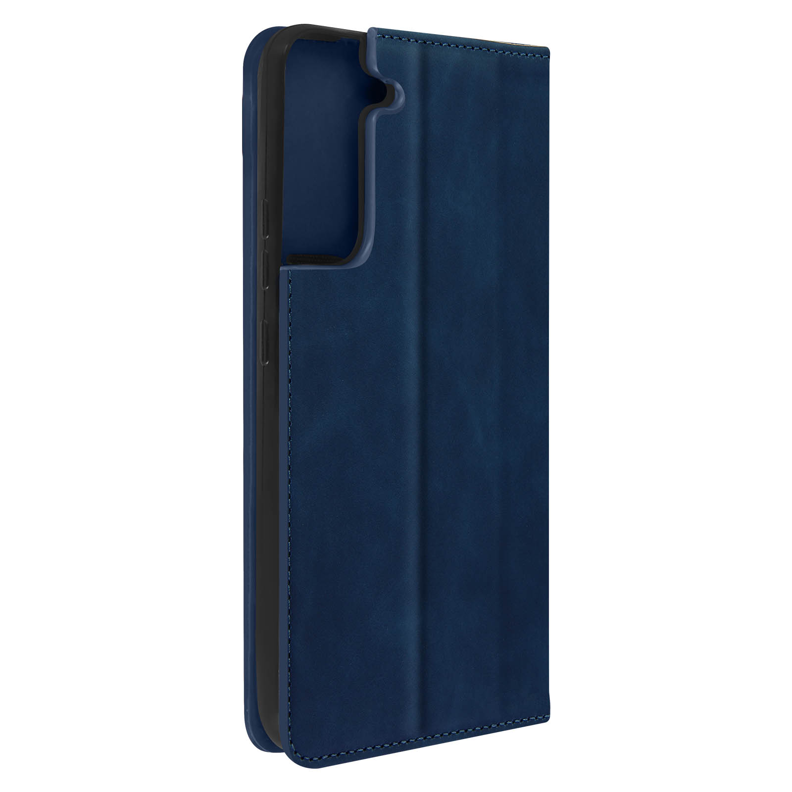 Custodia blu scuro aperta. La custodia ha un interno scuro con un telefono all'interno.