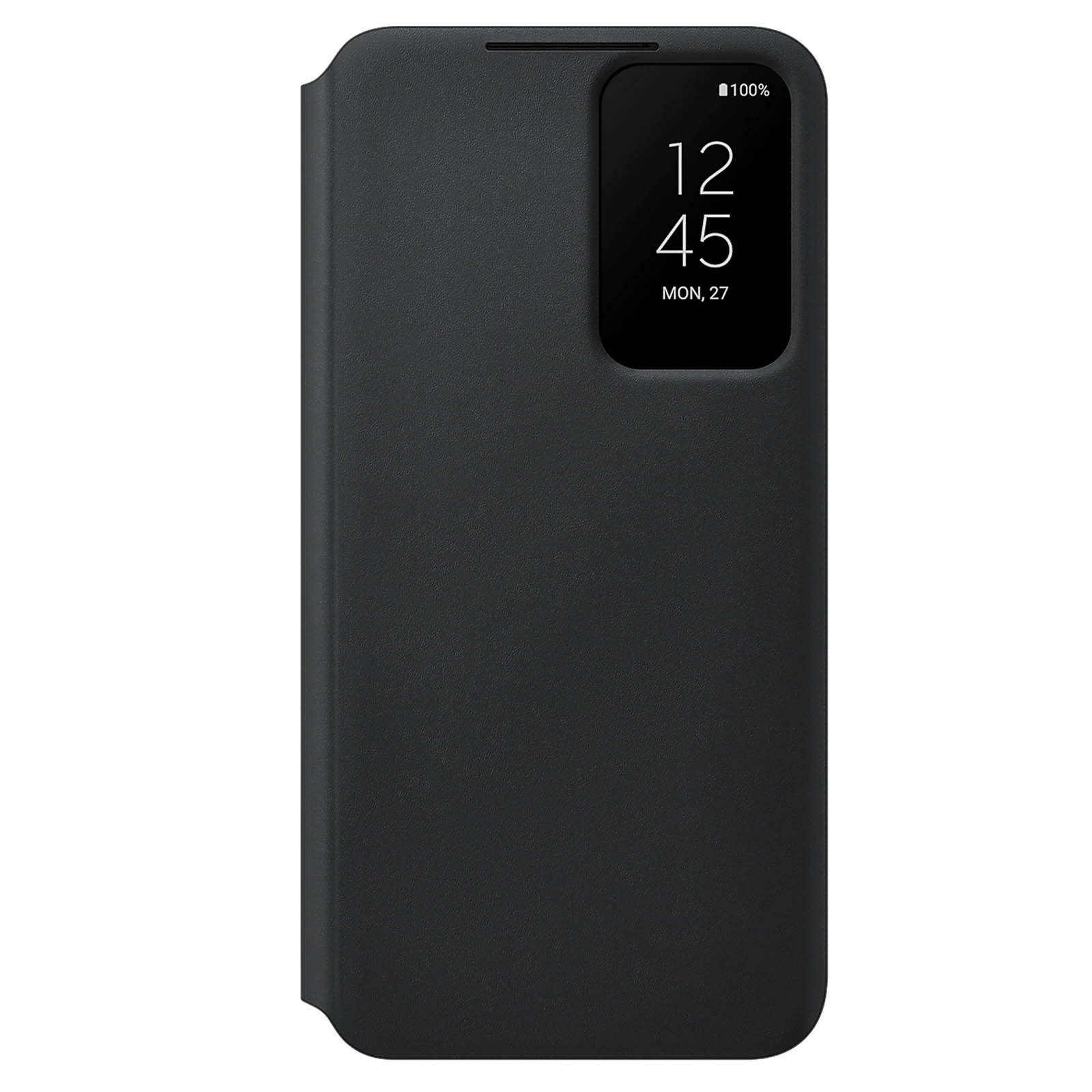 Custodia per telefono nera con schermo che mostra ora e batteria. Sfondo nero.