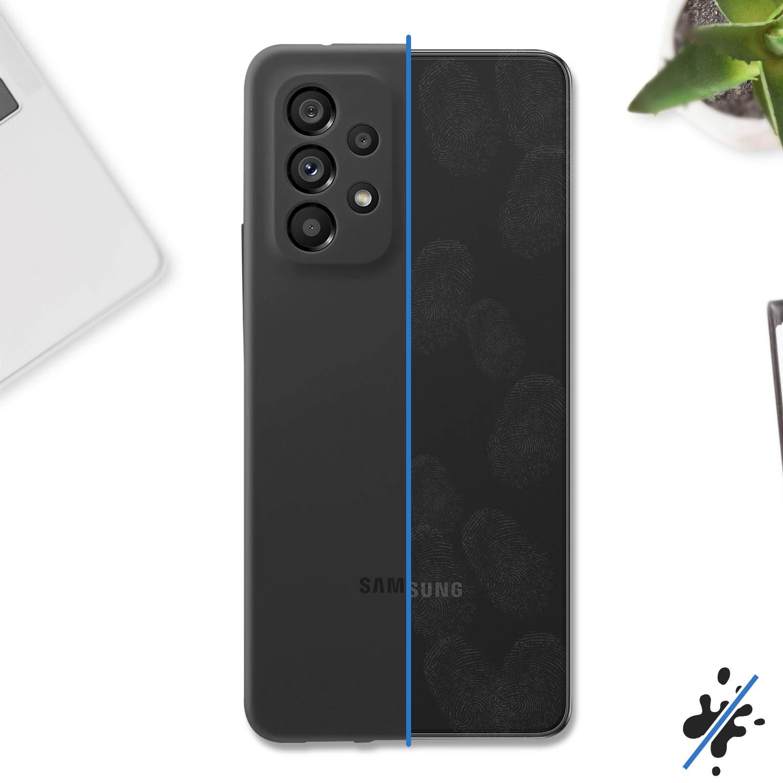 Custodia nera per telefono, resistente alle impronte digitali. Linea blu, sfondo bianco e icona 'senza sbavature'.