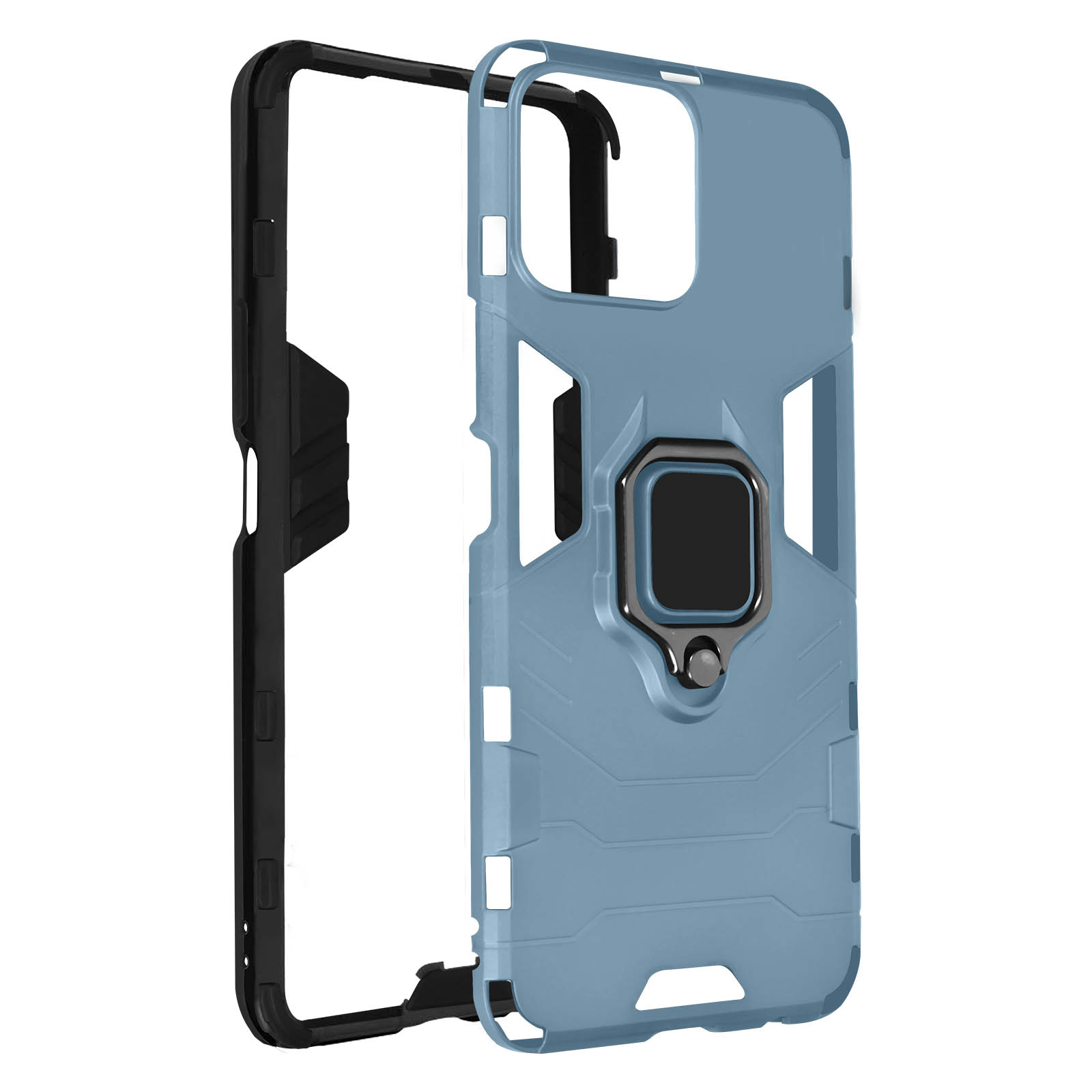Custodia blu per telefono con cornice nera e supporto ad anello, isolata su sfondo bianco.
