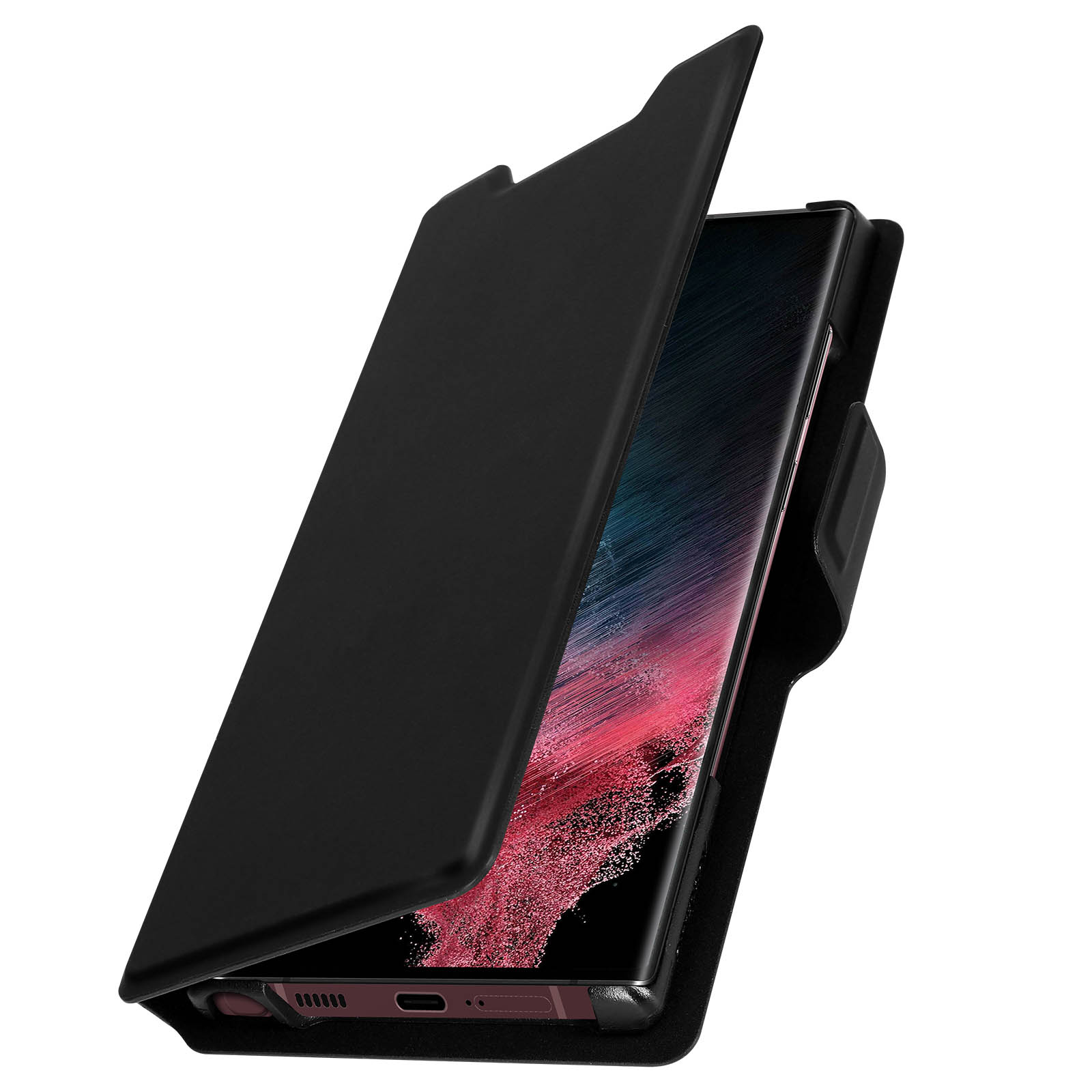 Schwarze Handyhülle, offen, zeigt einen Telefonbildschirm. Lederähnlich.
