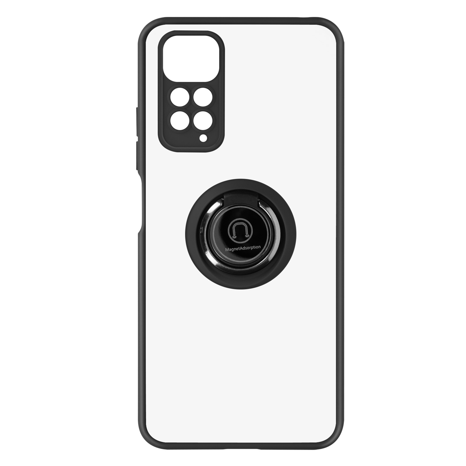 Wit telefoonhoesje met een zwarte ringhouder. De houder heeft een magneet. Witte achtergrond.