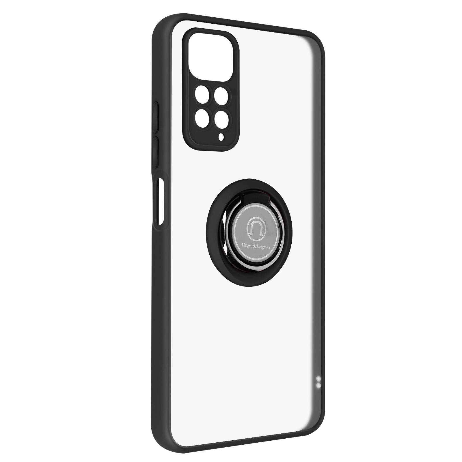 Witte telefoonhoes met zwarte randen en een ringhouder. De hoes heeft vier cameragaten.