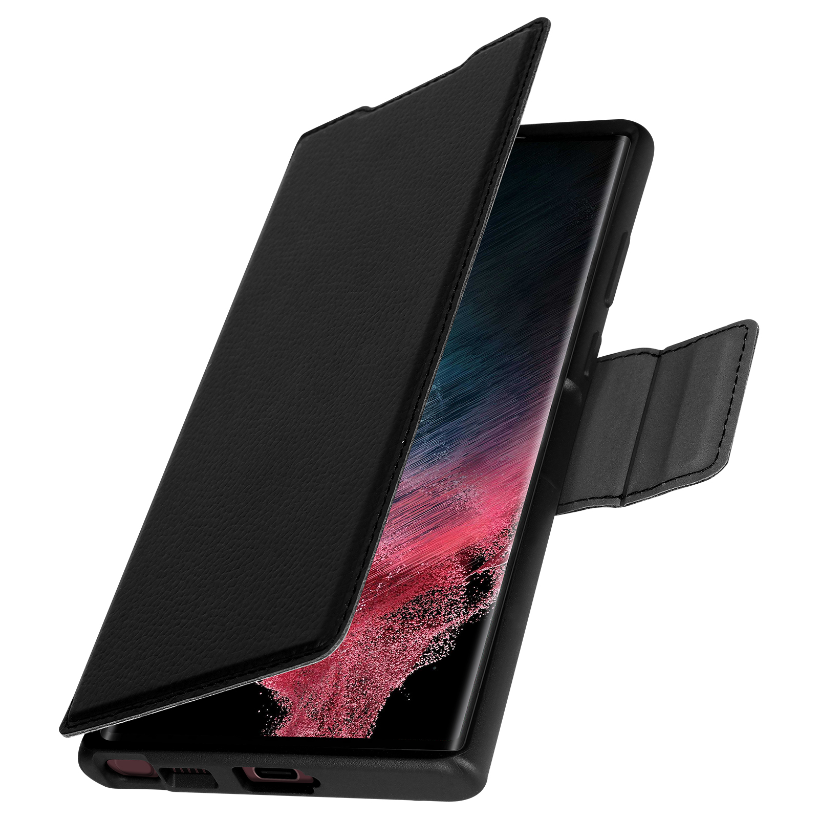 Eine offene schwarze Handyhülle, die ein Telefon mit einem rosa und roten Farbverlauf-Bildschirm zeigt.