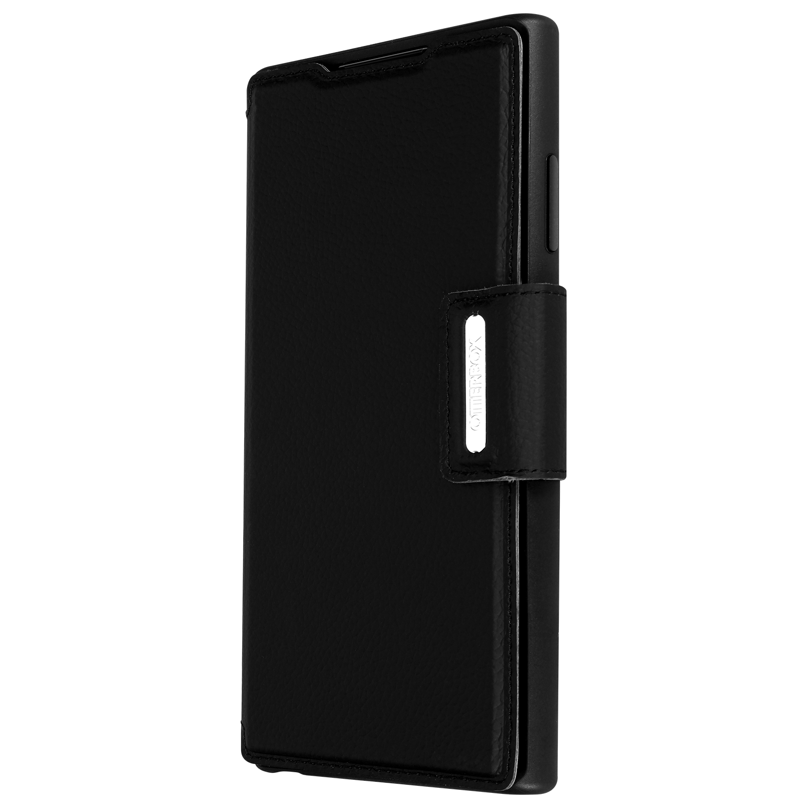 Schwarze Handyhülle mit Magnetverschluss, geschlossen, mit dem Wort 'OTTERBOX' sichtbar.