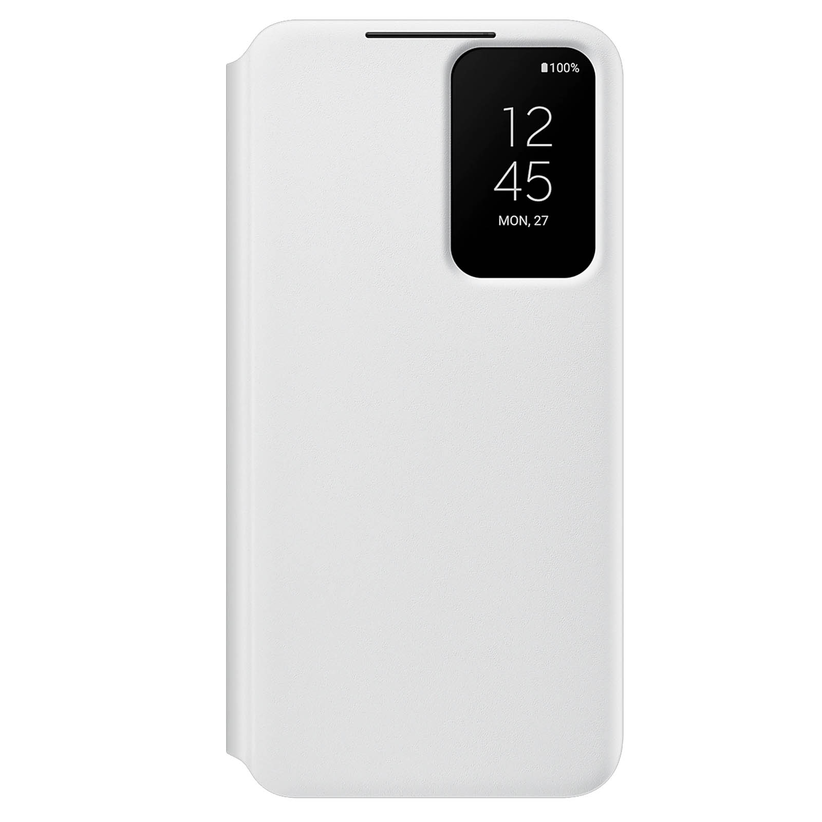 Custodia bianca per telefono con schermo che mostra l'ora e la percentuale della batteria.