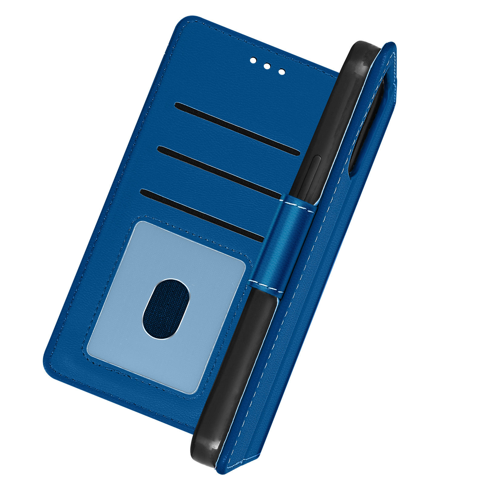 Custodia per telefono blu con design pieghevole, fessure per carte di credito e un telefono all'interno.