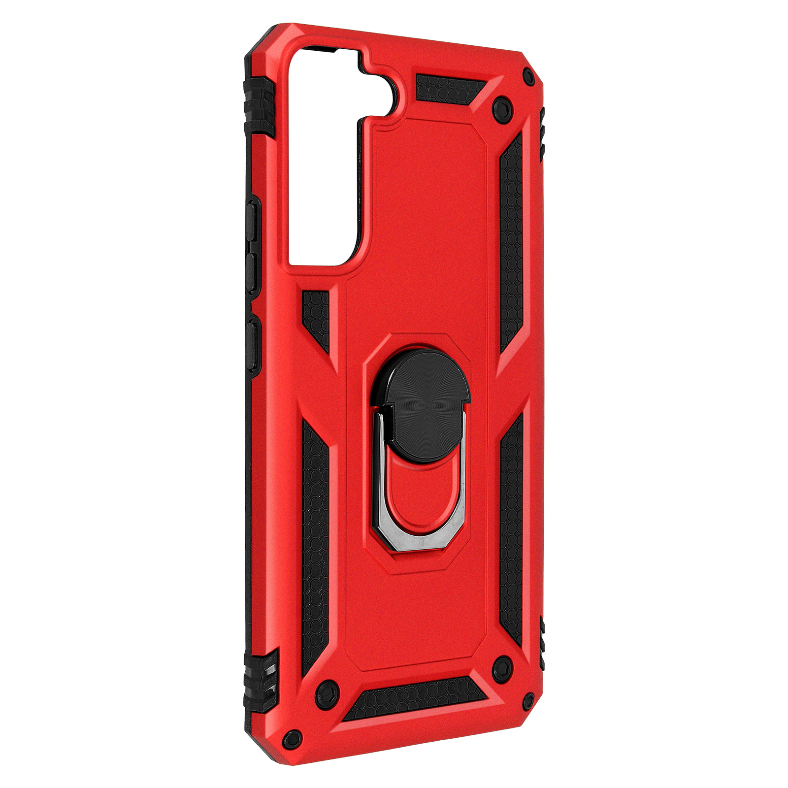 Rode telefoonhoes met een ringhouder. Zwarte details.