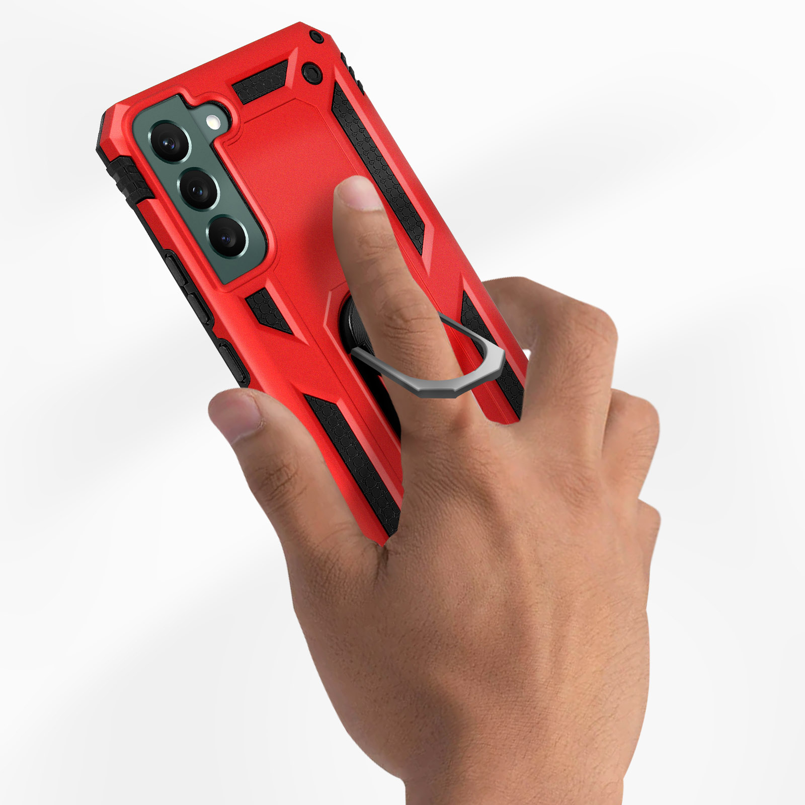 Een hand die een rode telefoonhoes vasthoudt met een ring. De hoes heeft zwarte accenten en een robuust ontwerp.