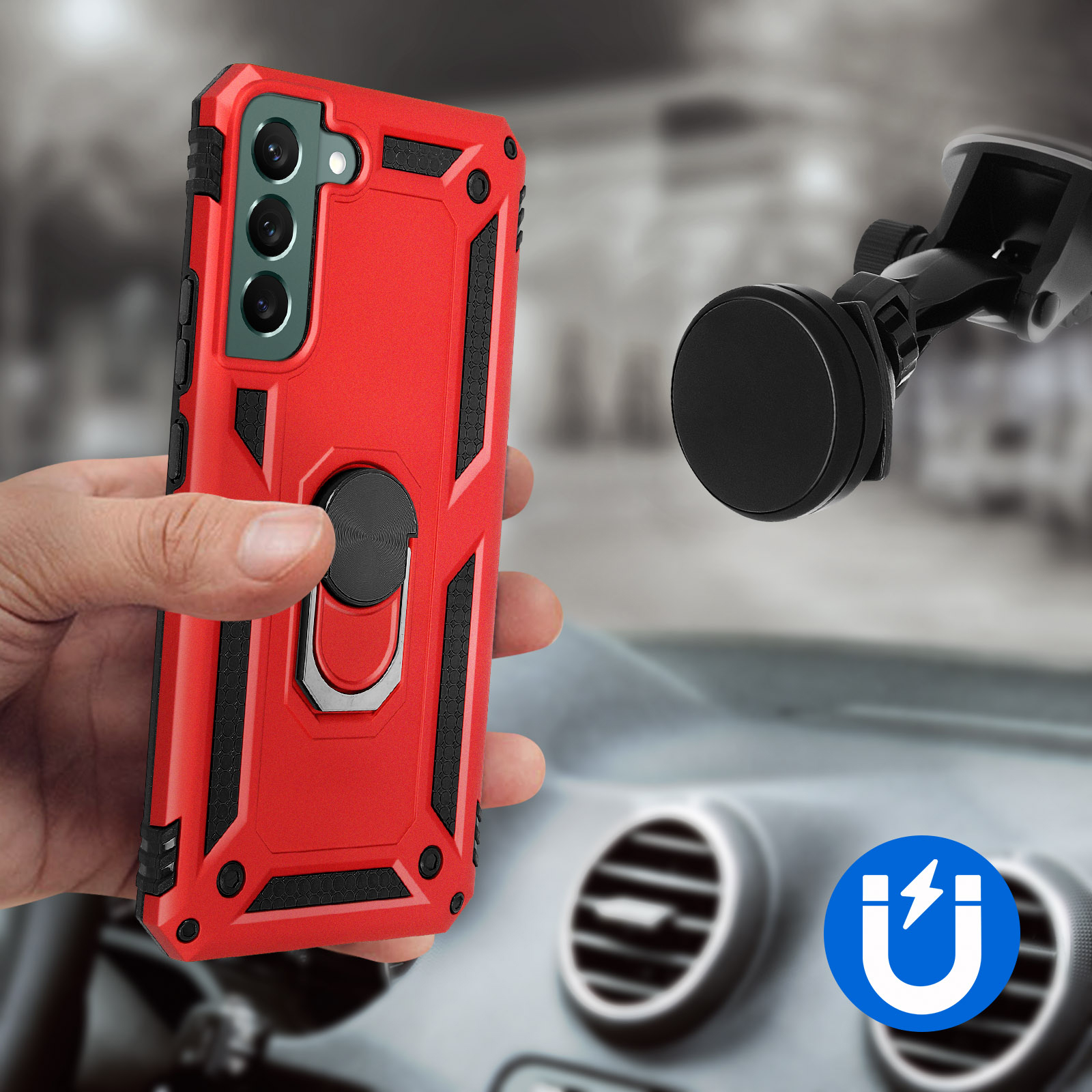 Hand die een rode telefoonhoes vasthoudt in een auto. Een magnetische telefoonhouder is zichtbaar. Een magneetpictogram staat op de achtergrond.