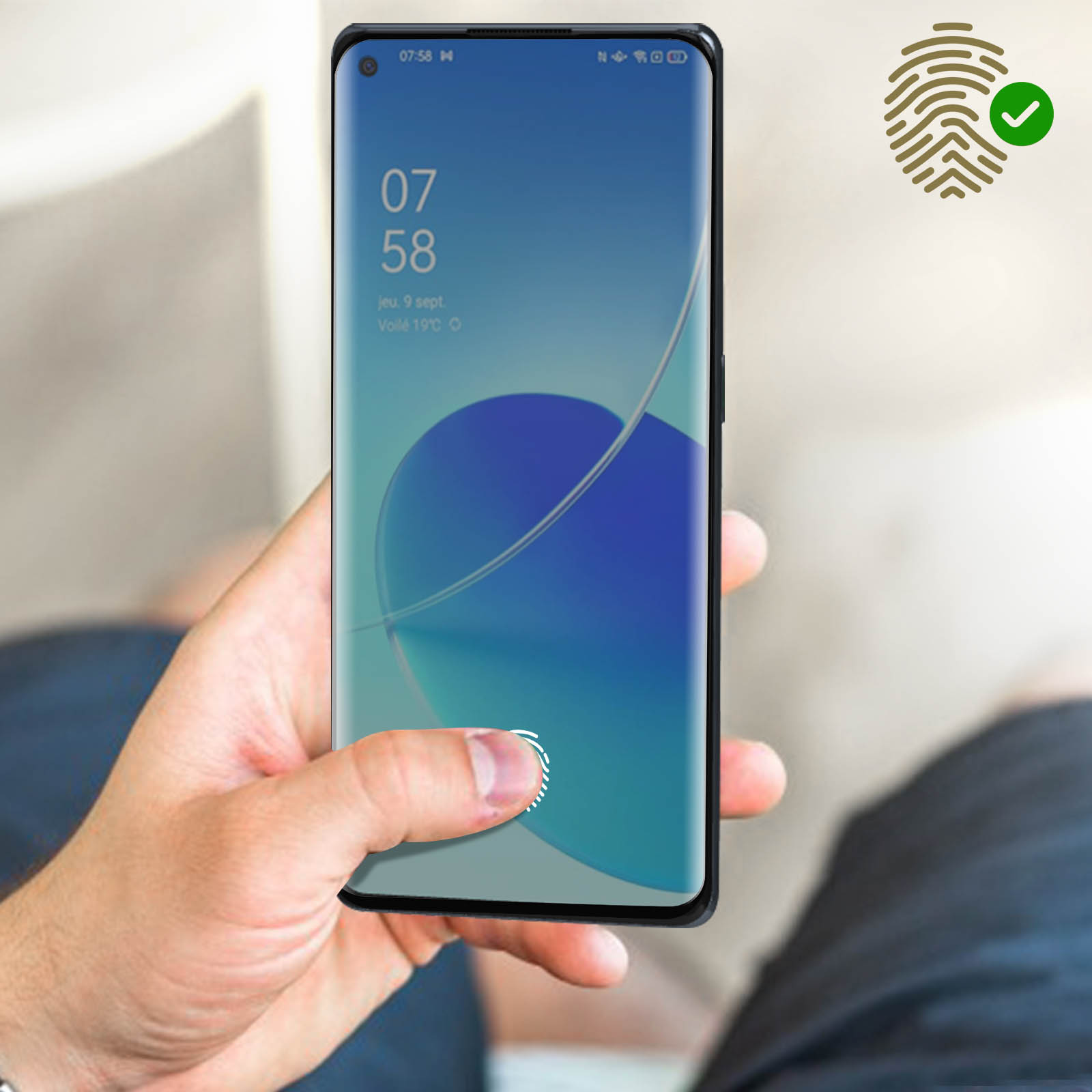 Schermo del telefono che mostra la verifica dell'impronta digitale. Il telefono è nero.