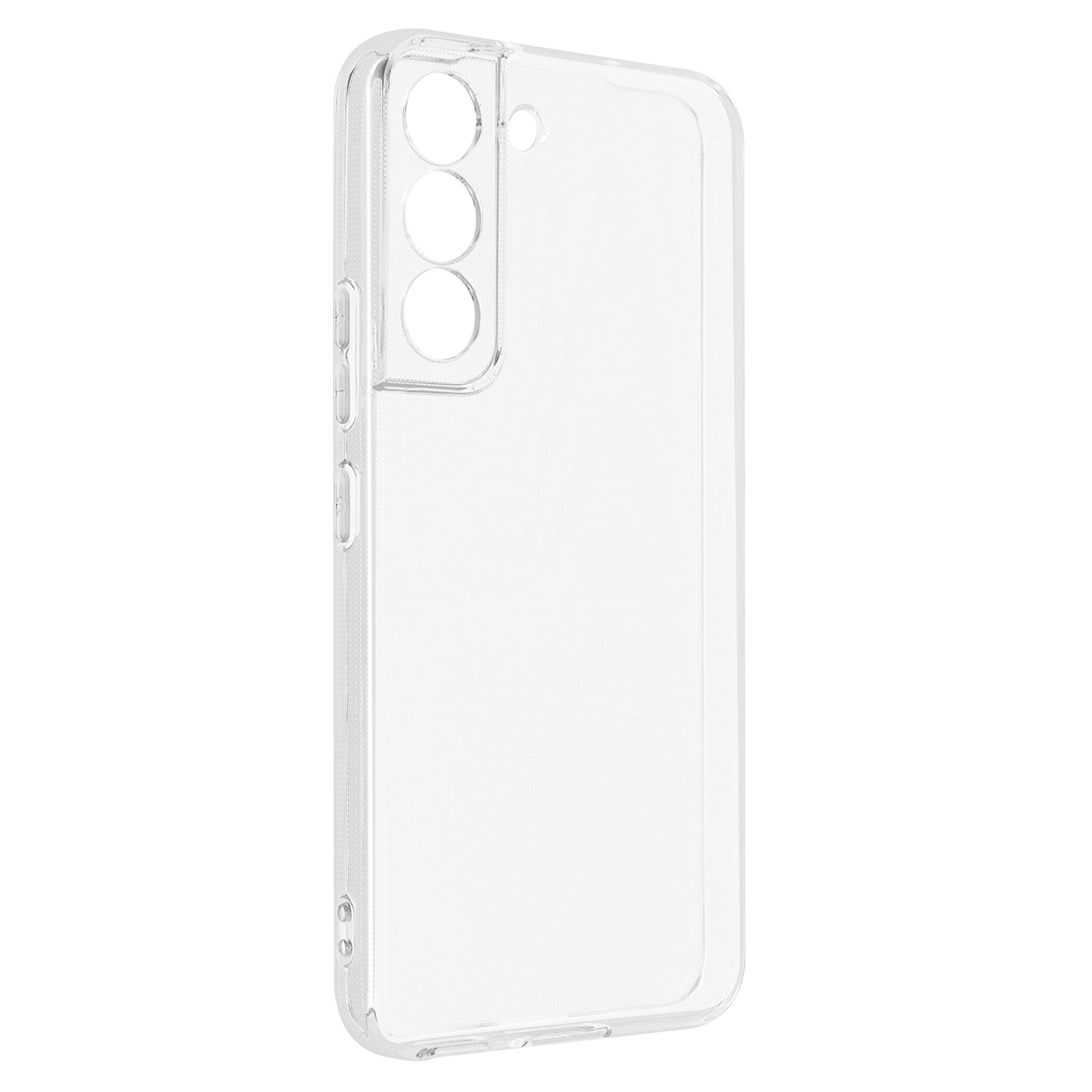 Coque de téléphone transparente. La coque a une bosse pour la caméra. La surface est claire.