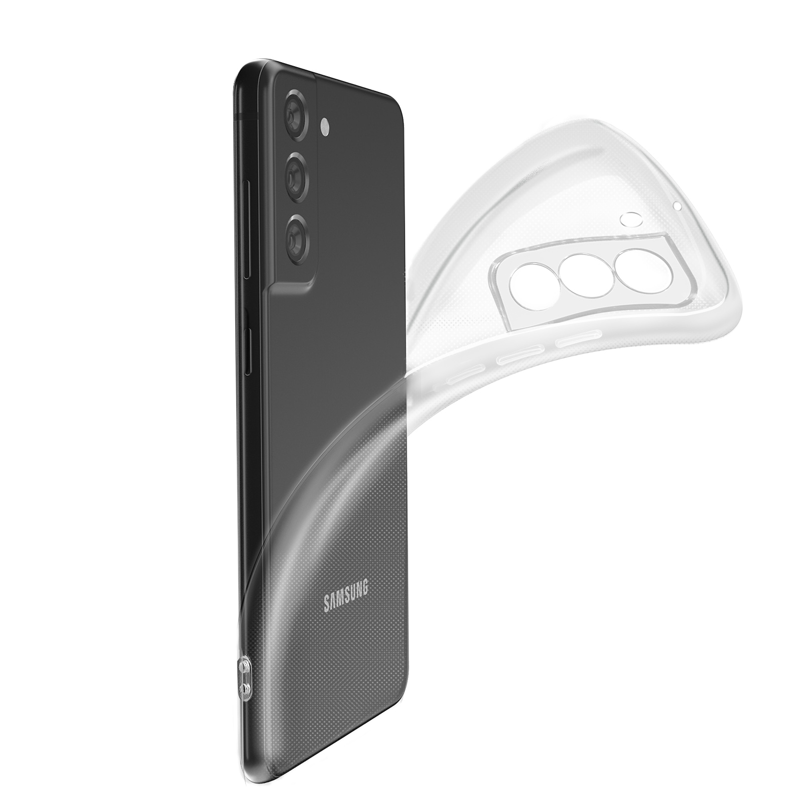 Un téléphone noir avec une coque transparente. Le téléphone est debout, montrant l'arrière et le côté.