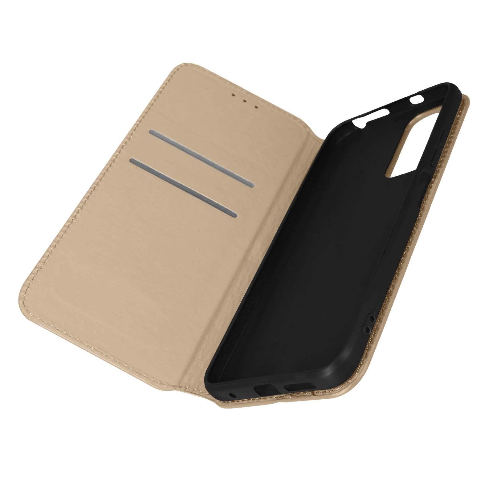 Telefoonhoes open, zonder telefoon. Binnenkant zwart, buitenkant beige.