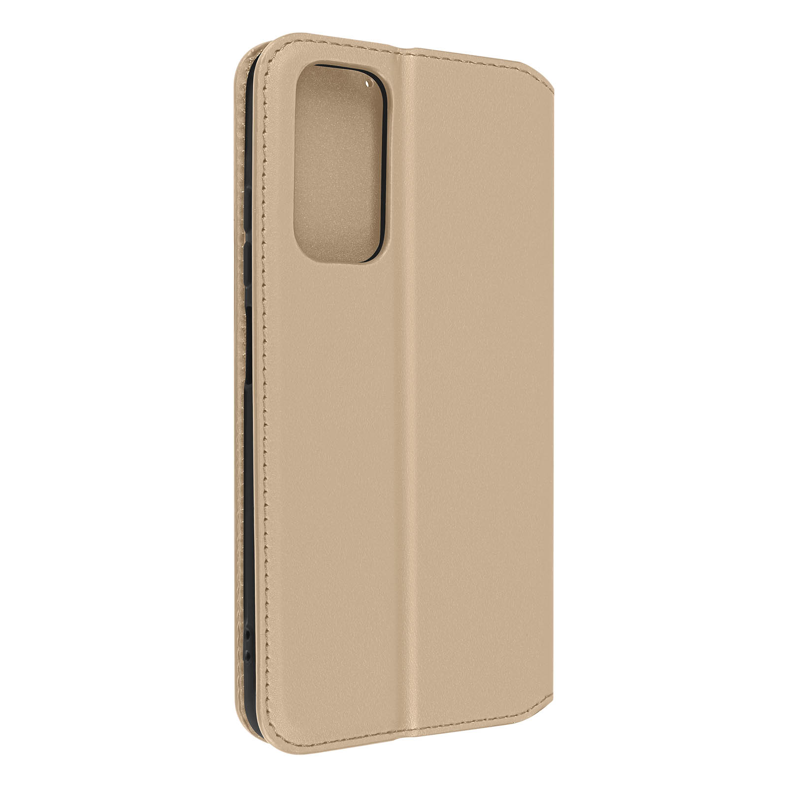 Gesloten beige telefoonhoes, zijaanzicht. Witte achtergrond.
