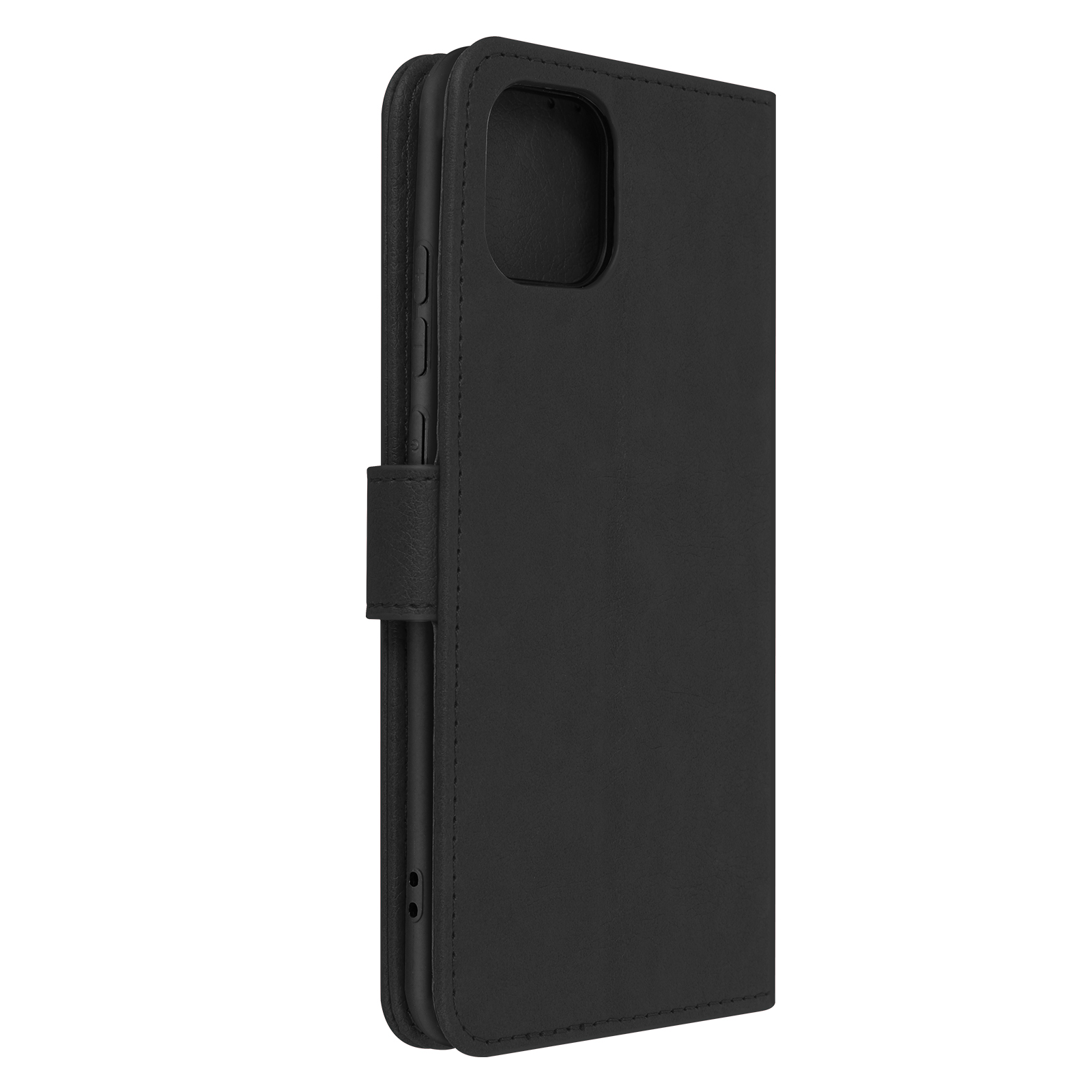 Custodia per telefono nera. Chiusa, con chiusura magnetica. Vista laterale.