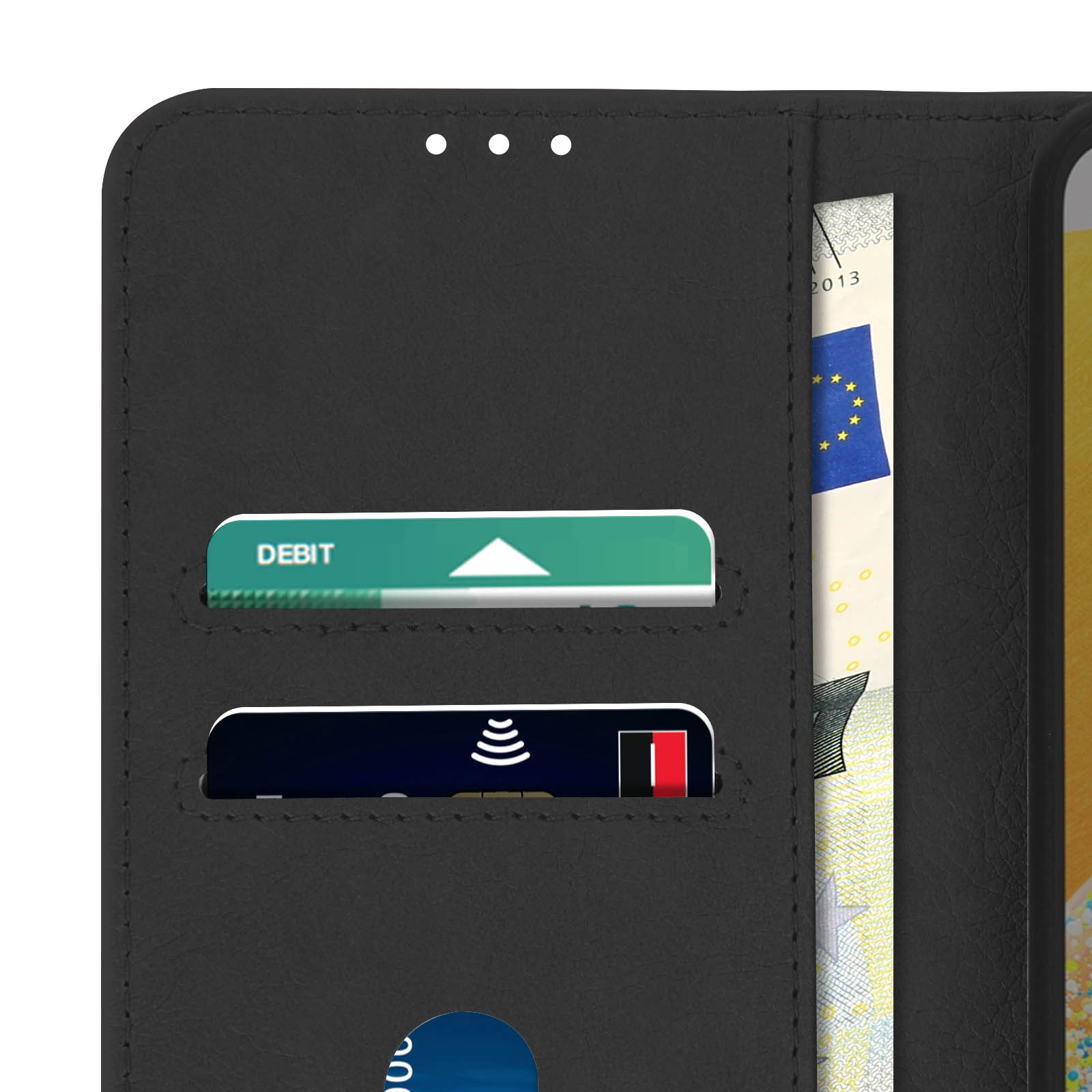 Custodia a portafoglio per telefono nera con fessure per carte e banconote. Il portafoglio è in pelle.